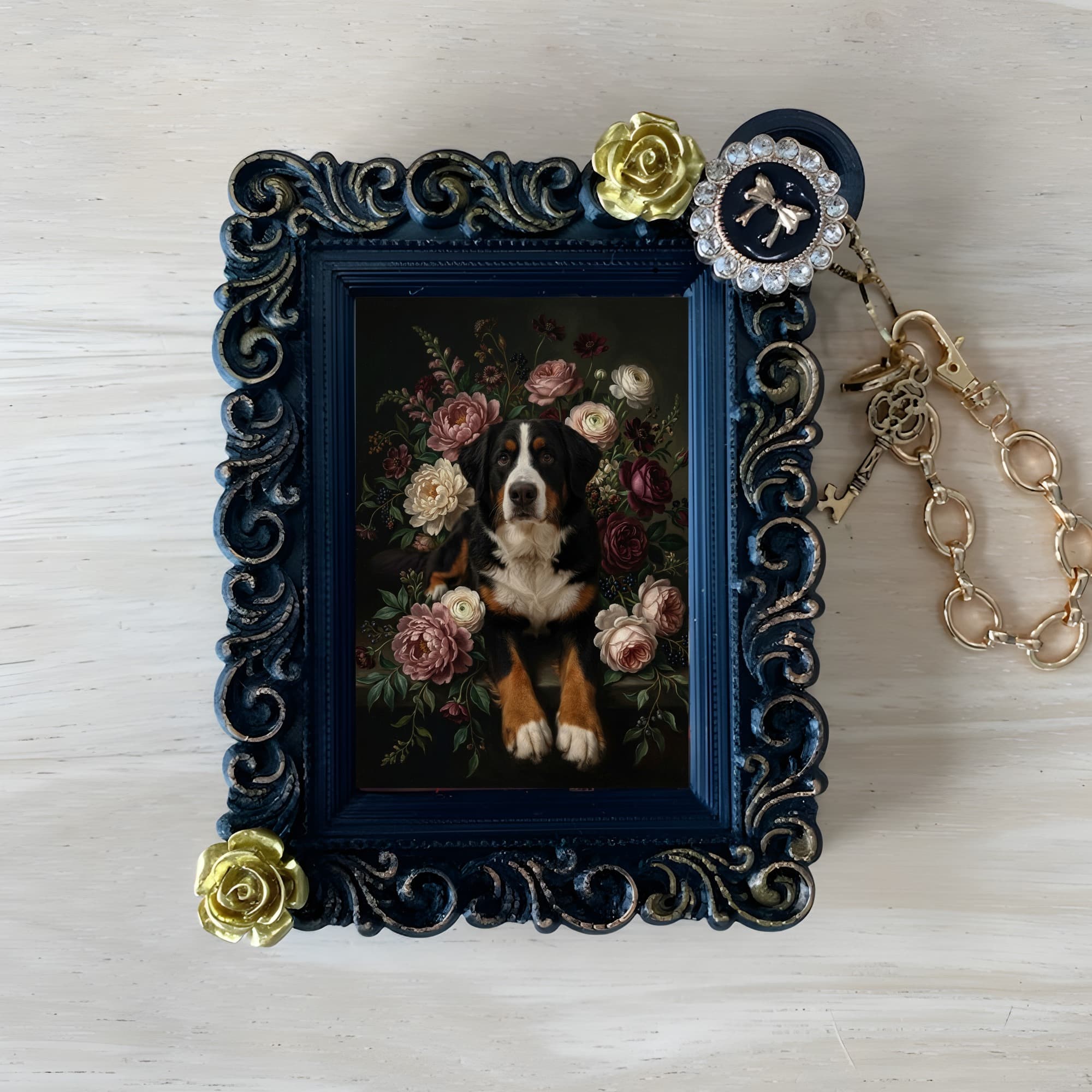 Bernese mountain dog Floral Oil-Painting Floral Bag Charm (Black)
