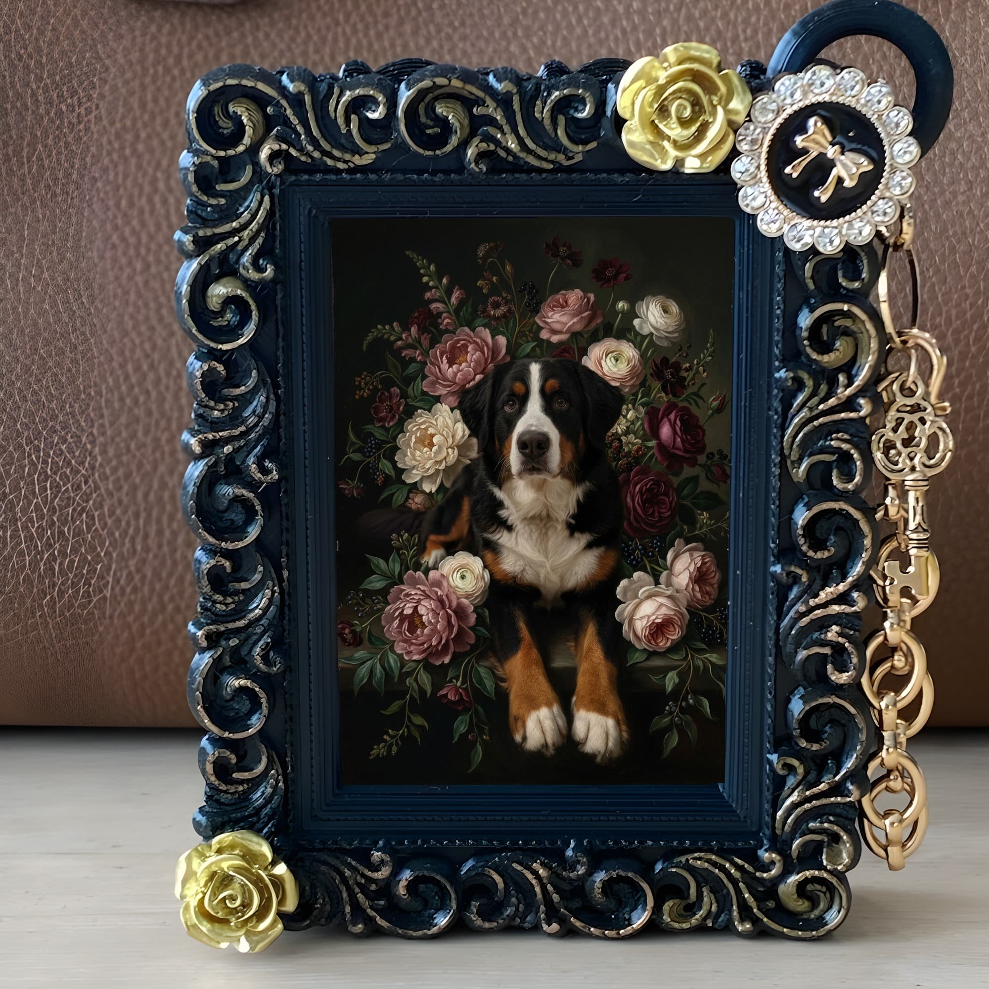 Bernese mountain dog Floral Oil-Painting Floral Bag Charm (Black) 2