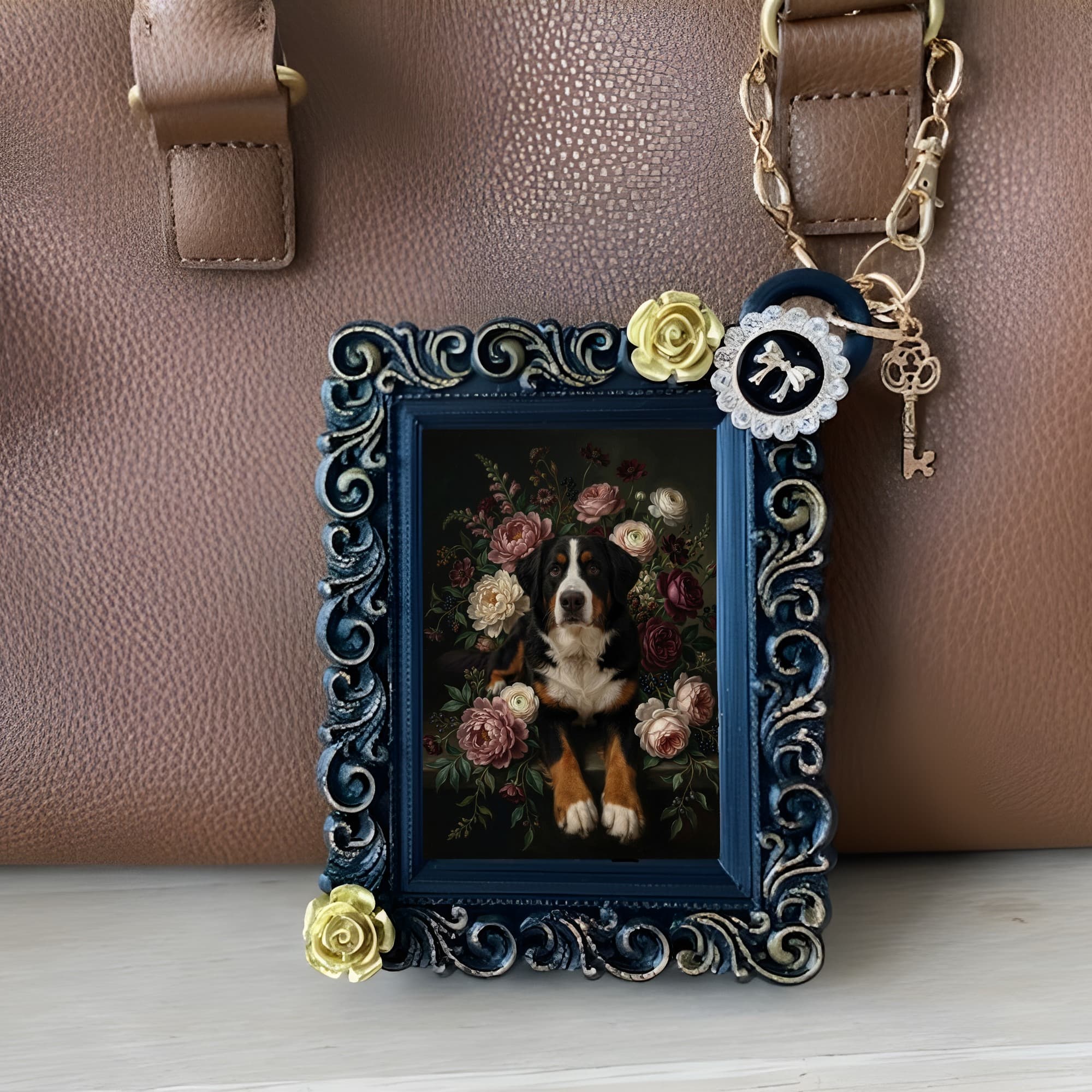Bernese mountain dog Floral Oil-Painting Floral Bag Charm (Black) 3