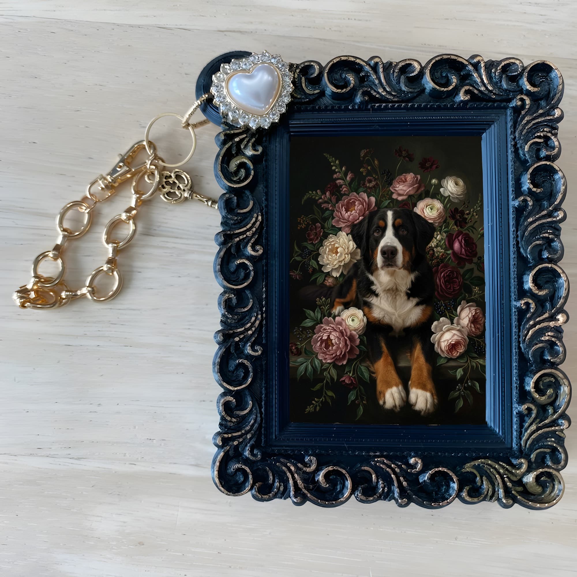 Bernese mountain dog Floral Oil-Painting Floral Bag Charm (Black) 4