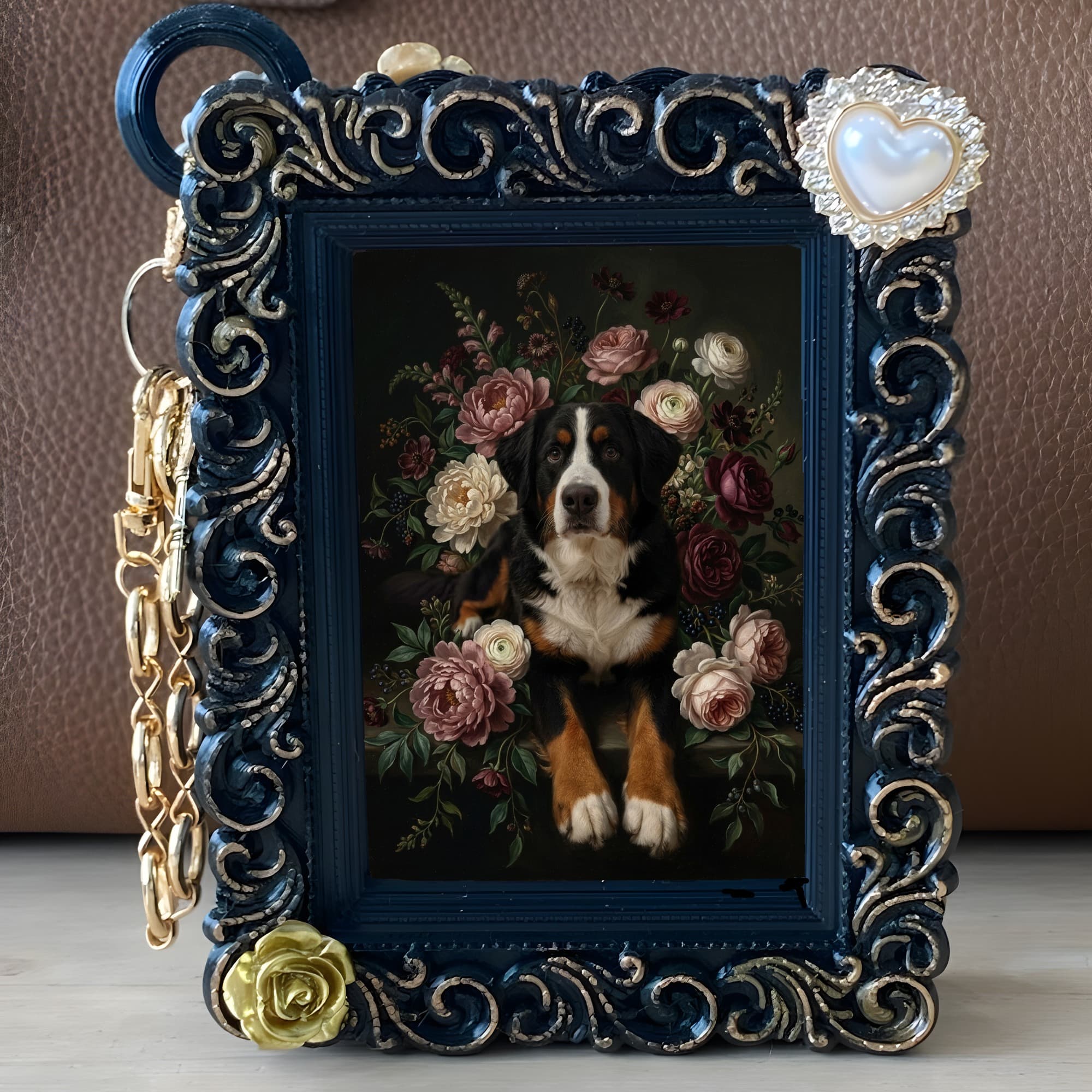Bernese mountain dog Floral Oil-Painting Floral Bag Charm (Black) 5