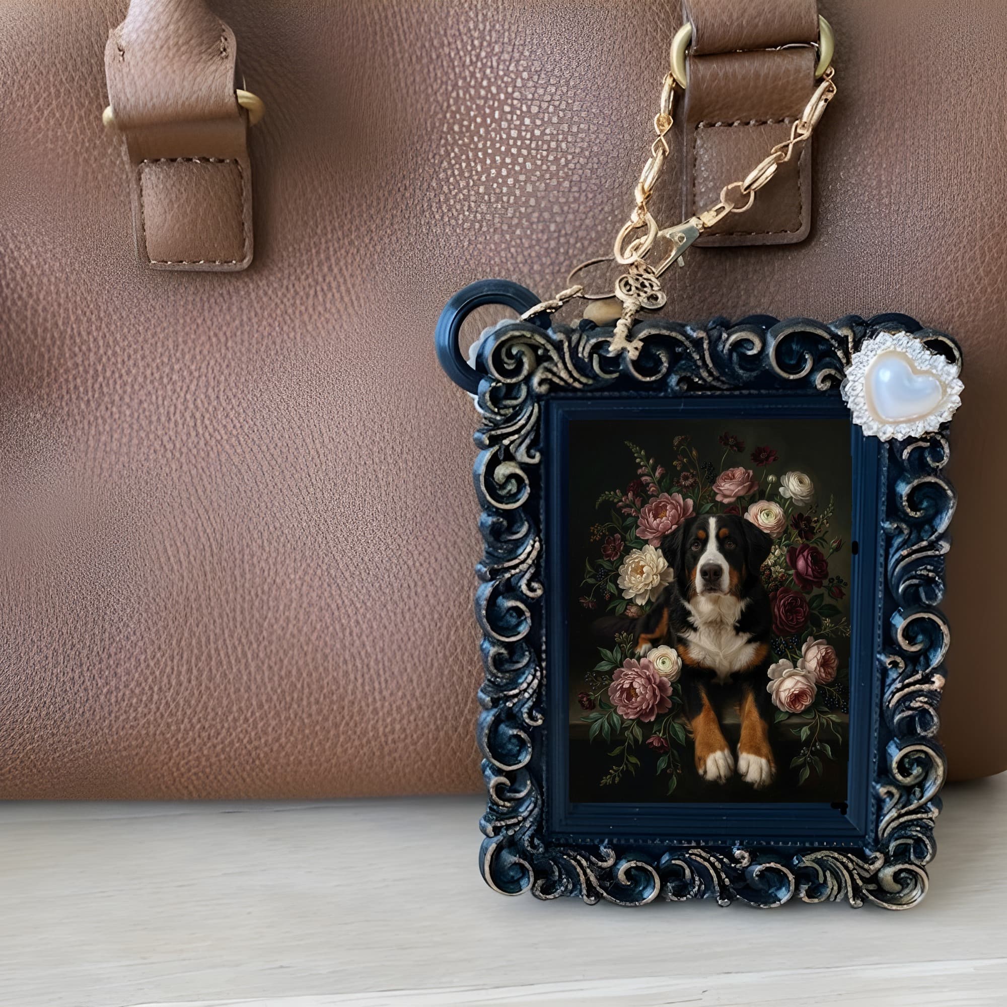 Bernese mountain dog Floral Oil-Painting Floral Bag Charm (Black) 6