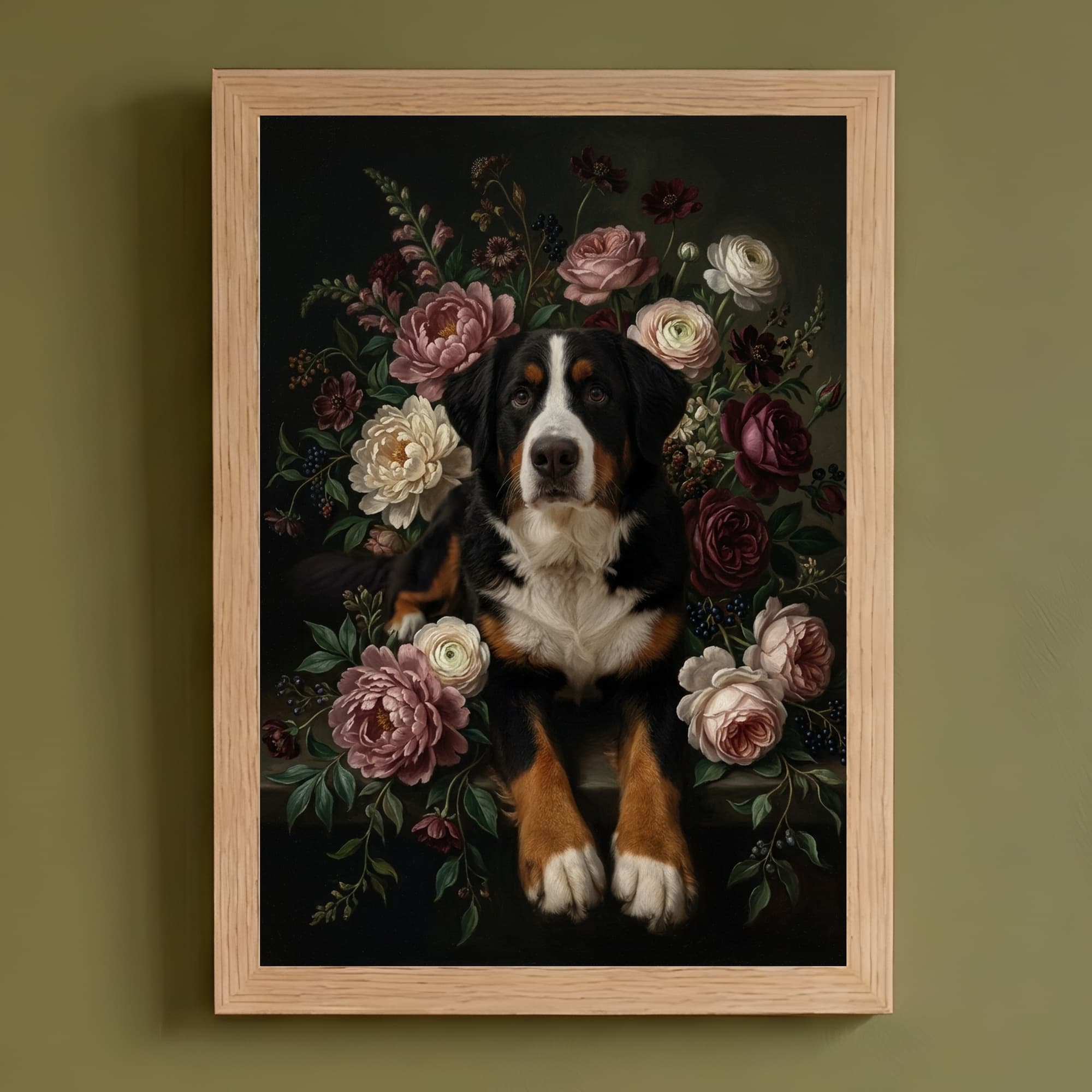 Bernese mountain dog Floral Oil-Painting Floral Framed Art Print (A4)