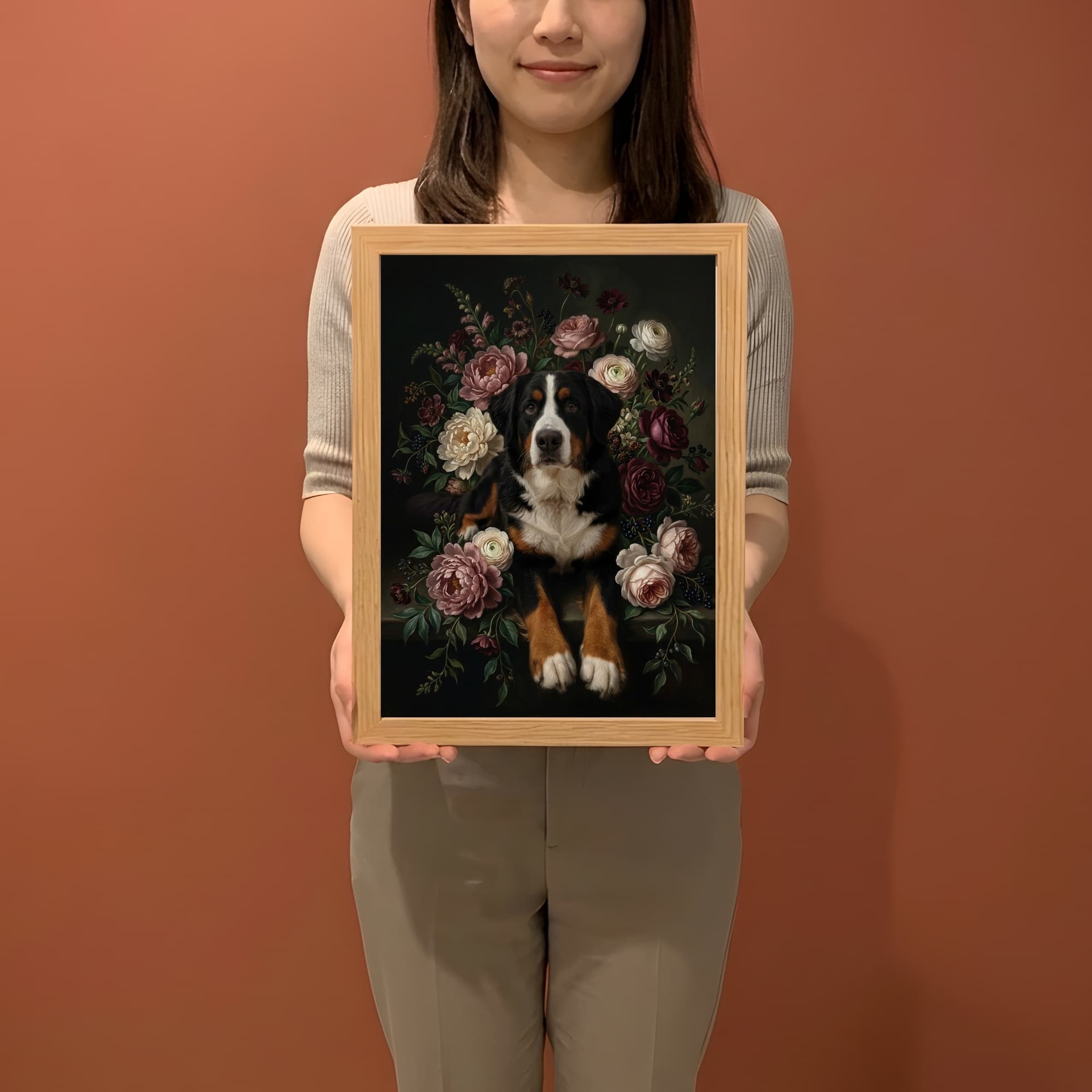 バーニーズマウンテンドッグの花の油絵風アート花柄額装プリント(A4サイズ) 2