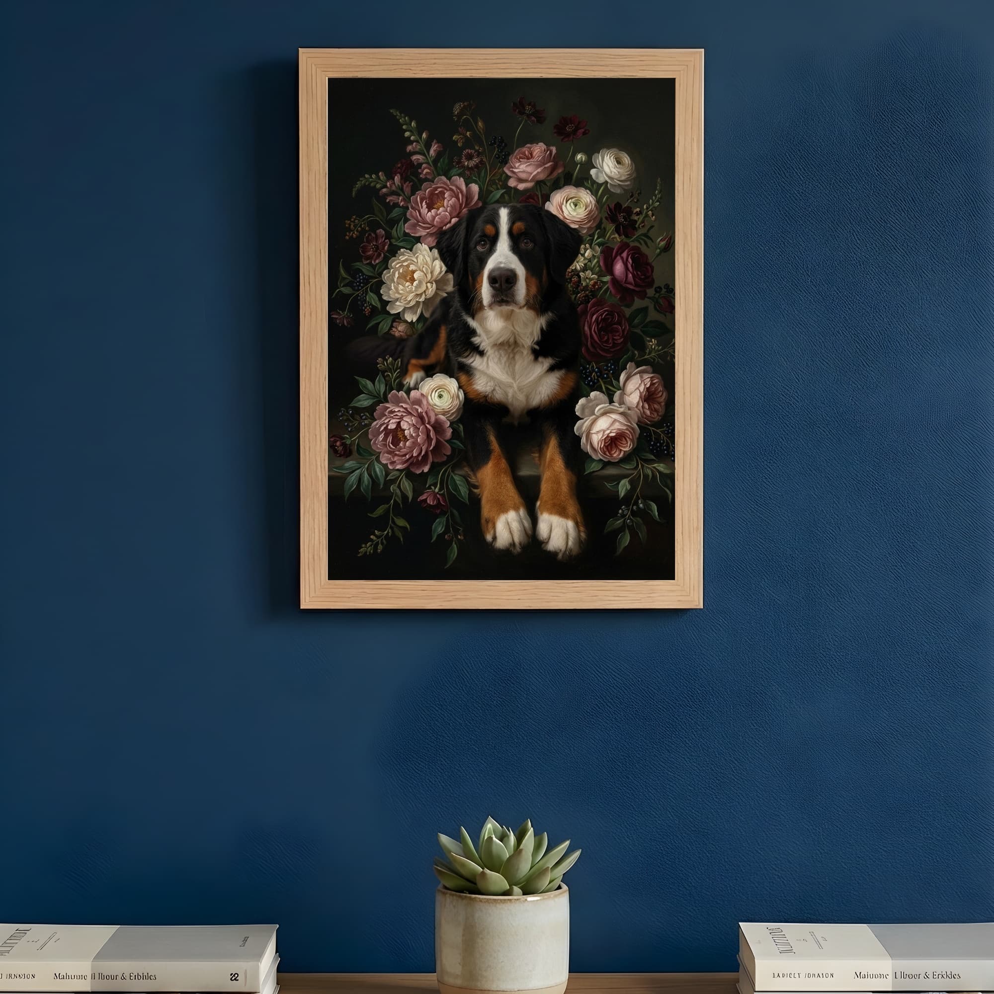 バーニーズマウンテンドッグの花の油絵風アート花柄額装プリント(A4サイズ) 3
