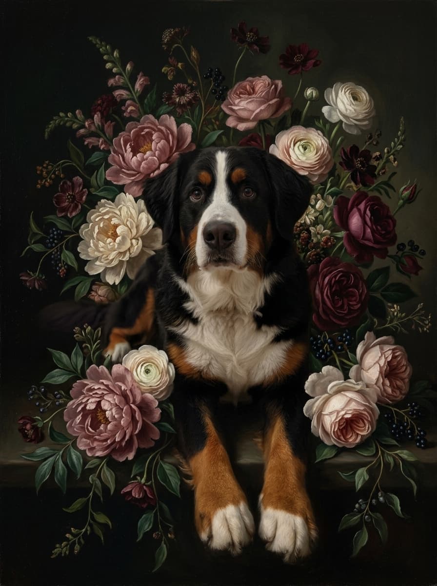バーニーズマウンテンドッグの花の油絵風アート花柄額装プリント(A4サイズ) 4