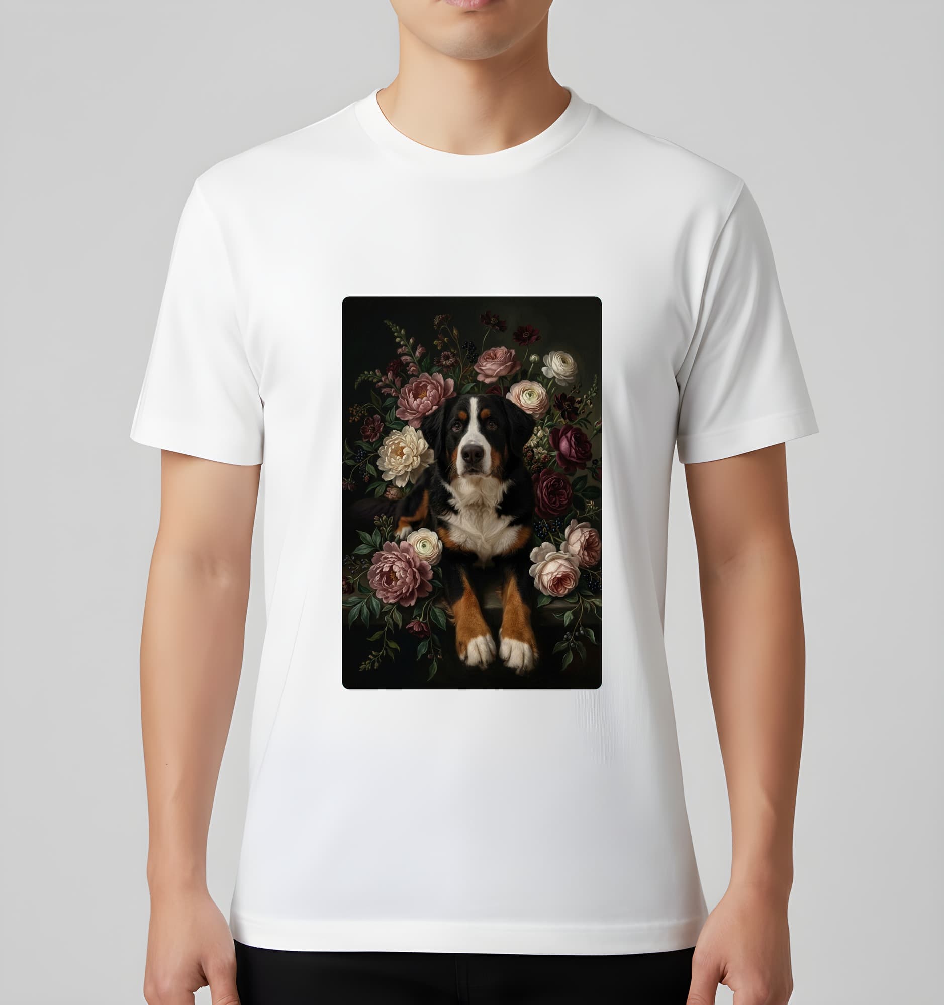 Bernese mountain dog Floral Oil-Painting Floral T-Shirt (White) 3