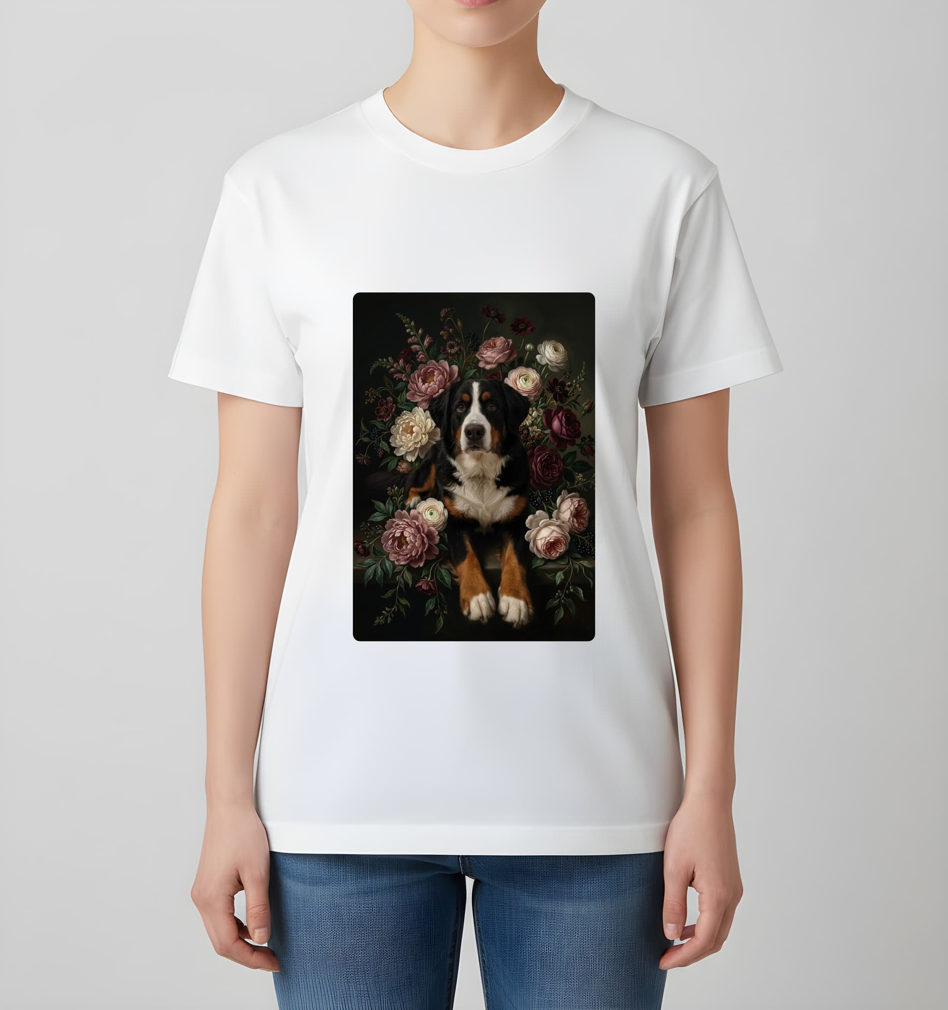 Bernese mountain dog Floral Oil-Painting Floral T-Shirt (White) 4
