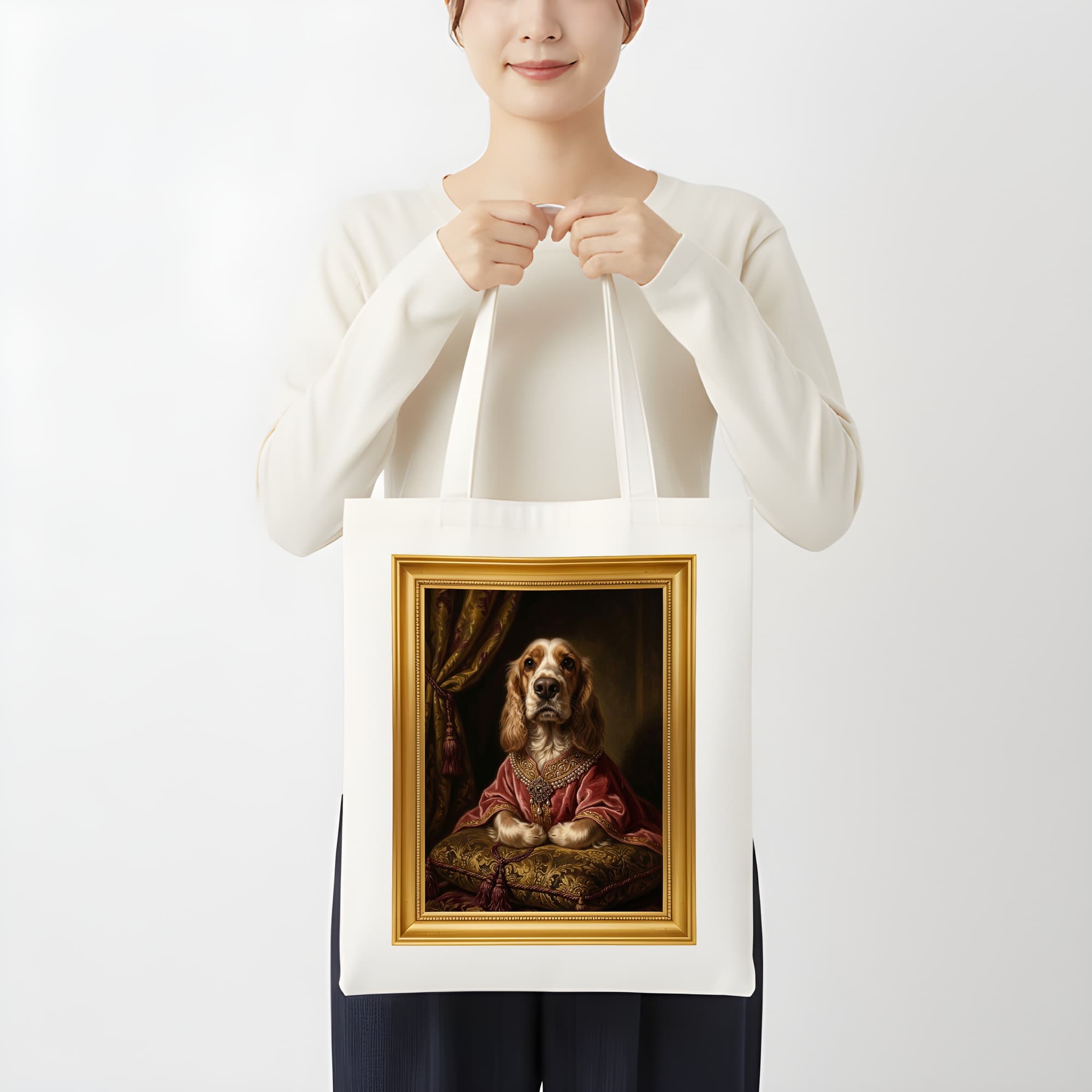 コッカースパニエルのルネサンス肖像画トートバッグ(カラープリント・額縁デザインあり) 3