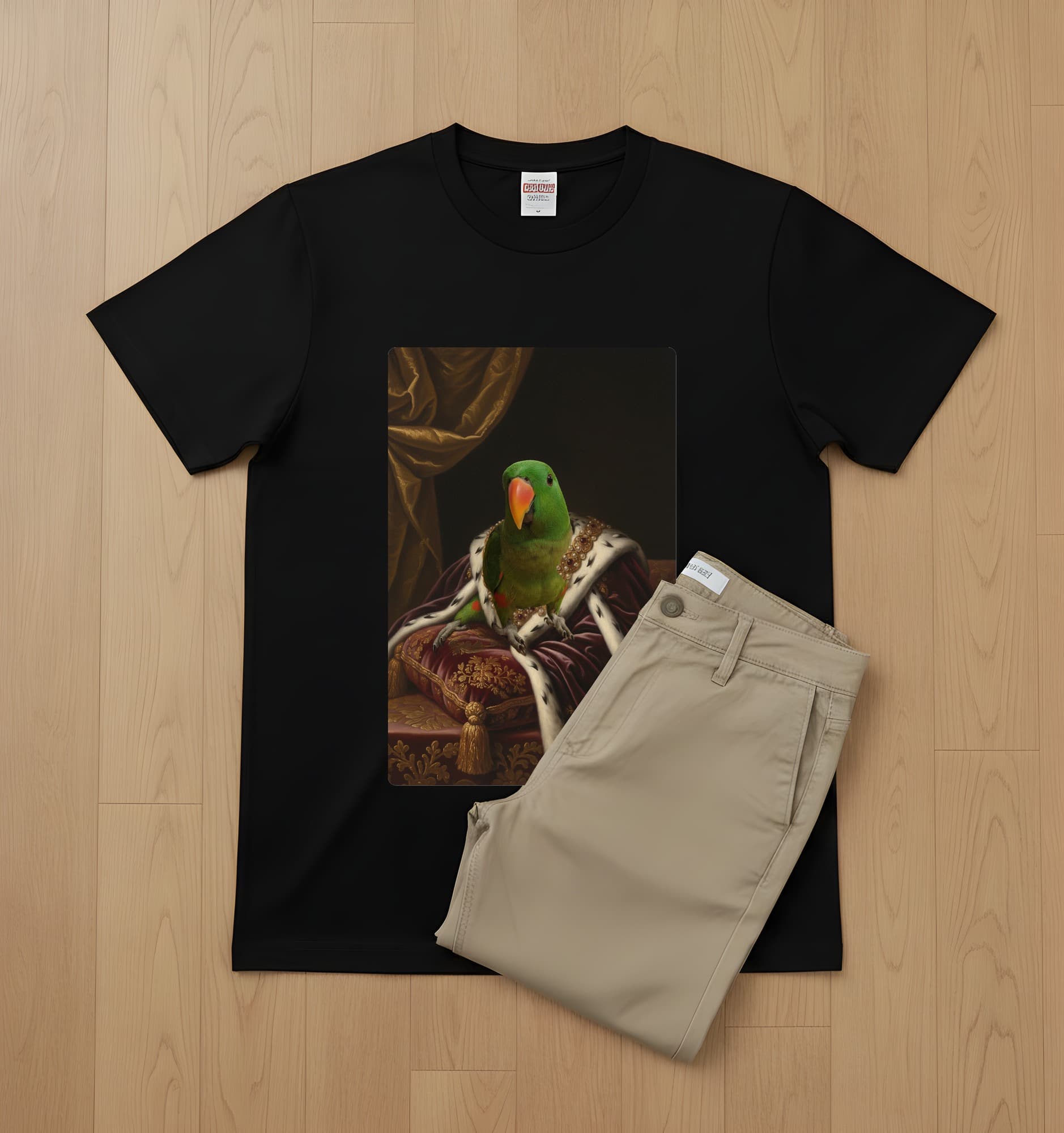 オオハナインコのルネサンス肖像画Tシャツ(ブラック・カラープリント・額縁なし) 2