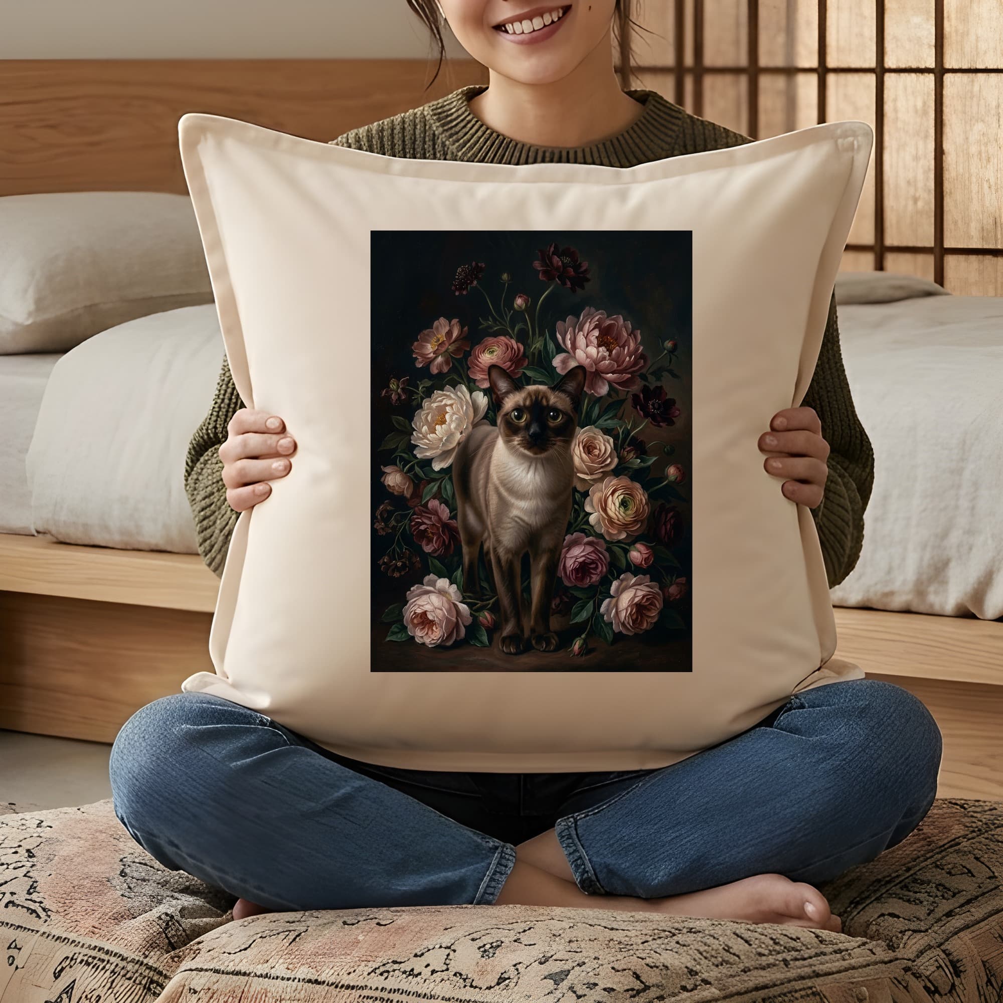 バーミーズの花の油絵風アート花柄クッション 3