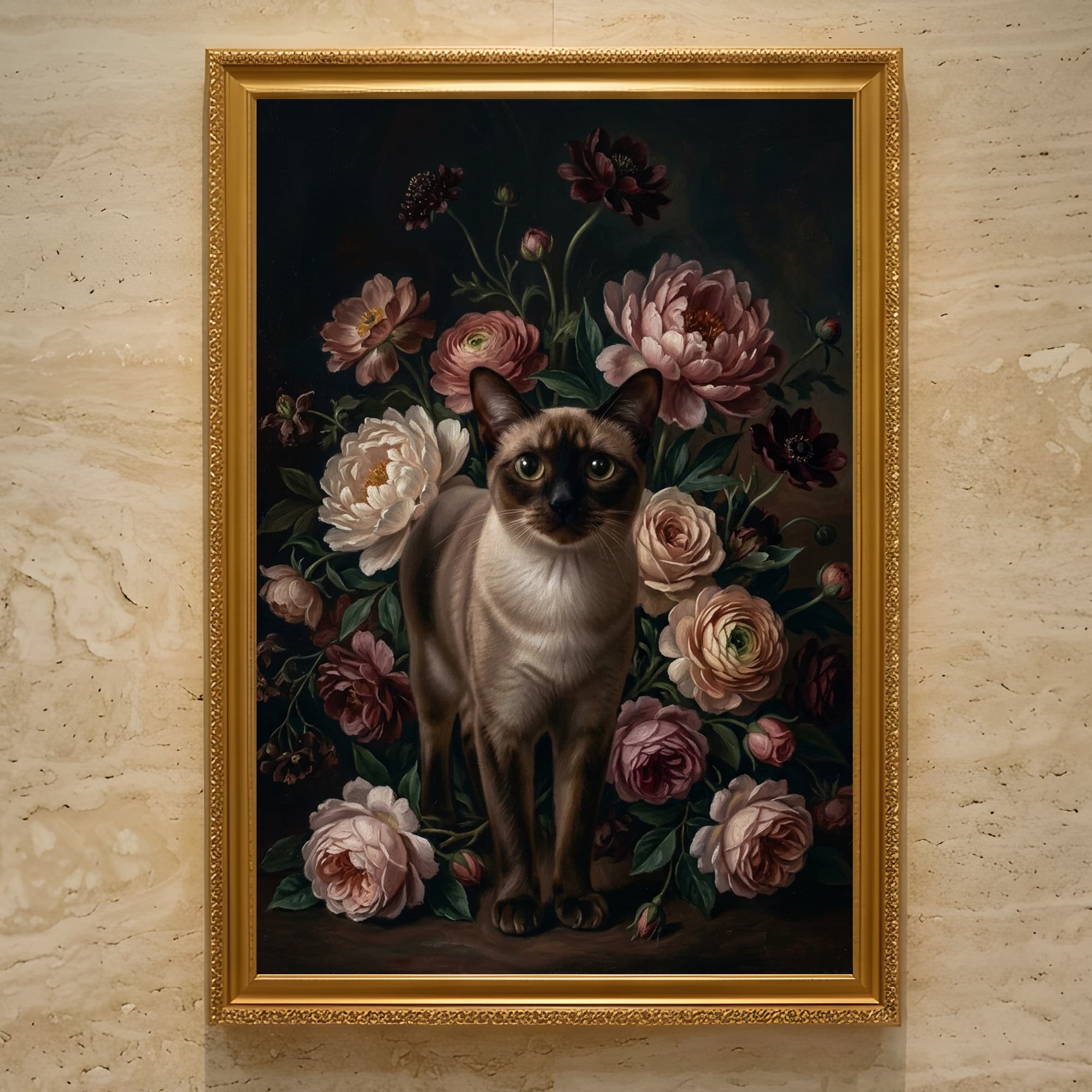バーミーズの花の油絵風アート花柄額装プリント(A3サイズ)
