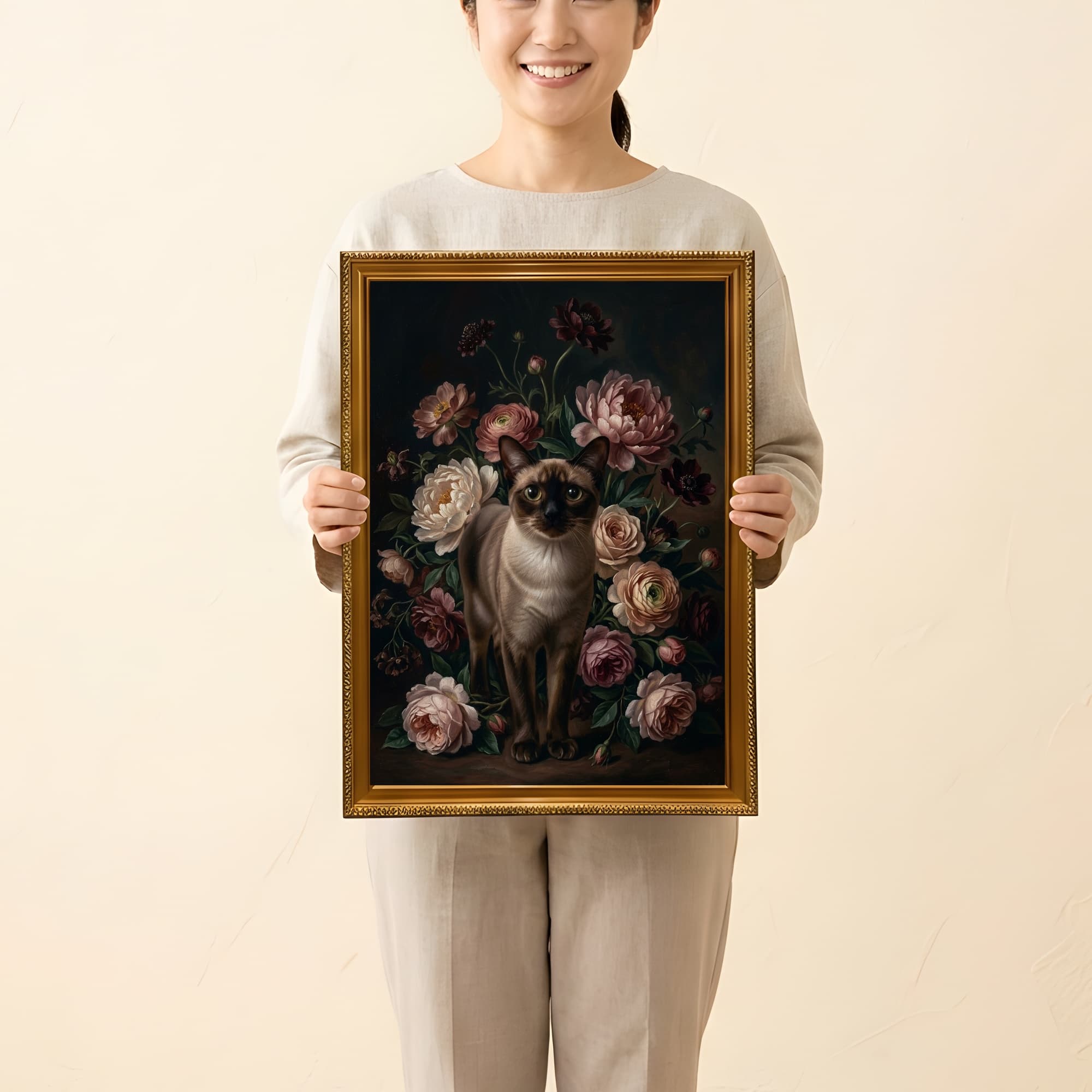 バーミーズの花の油絵風アート花柄額装プリント(A3サイズ) 2
