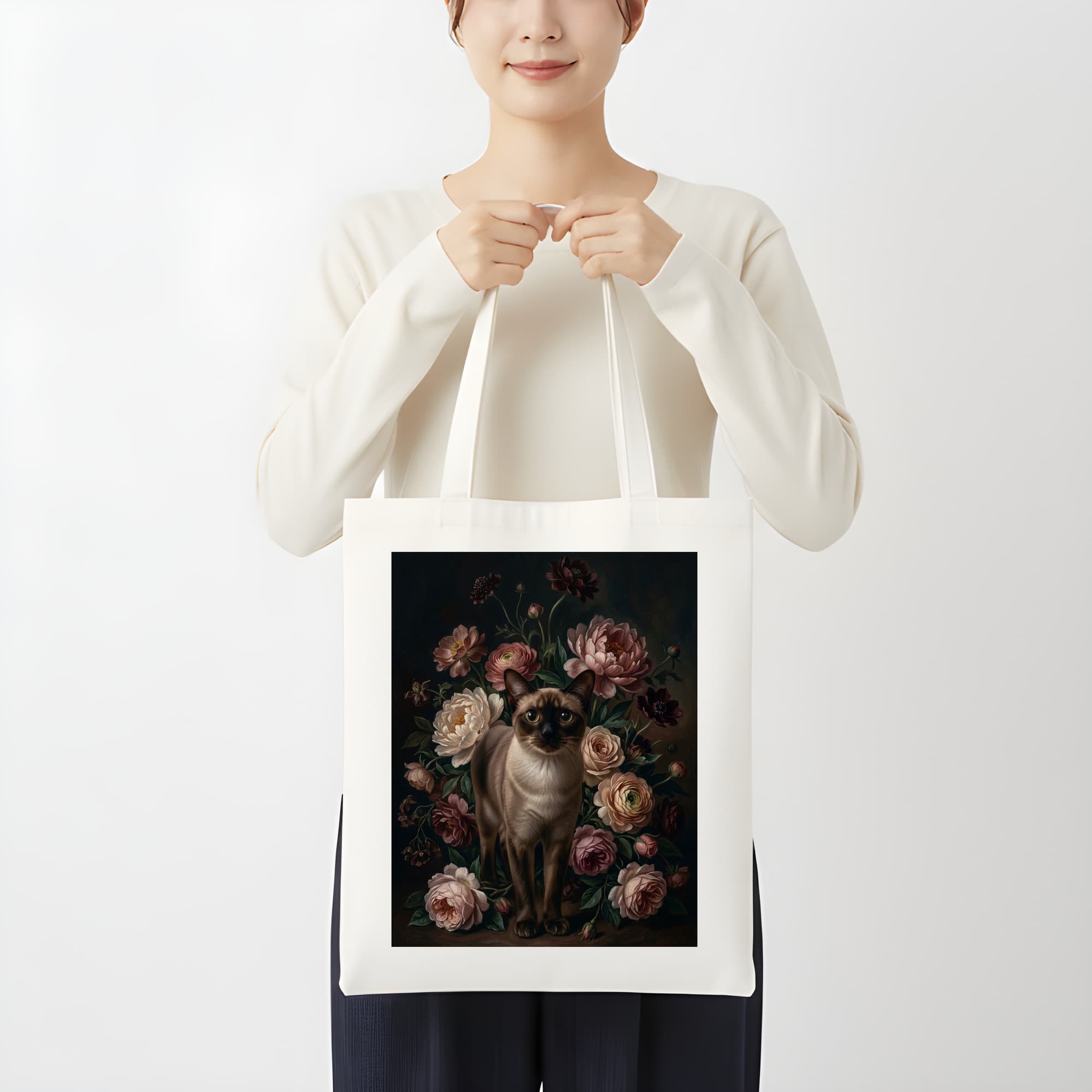 バーミーズの花の油絵風アート花柄トートバッグ 3