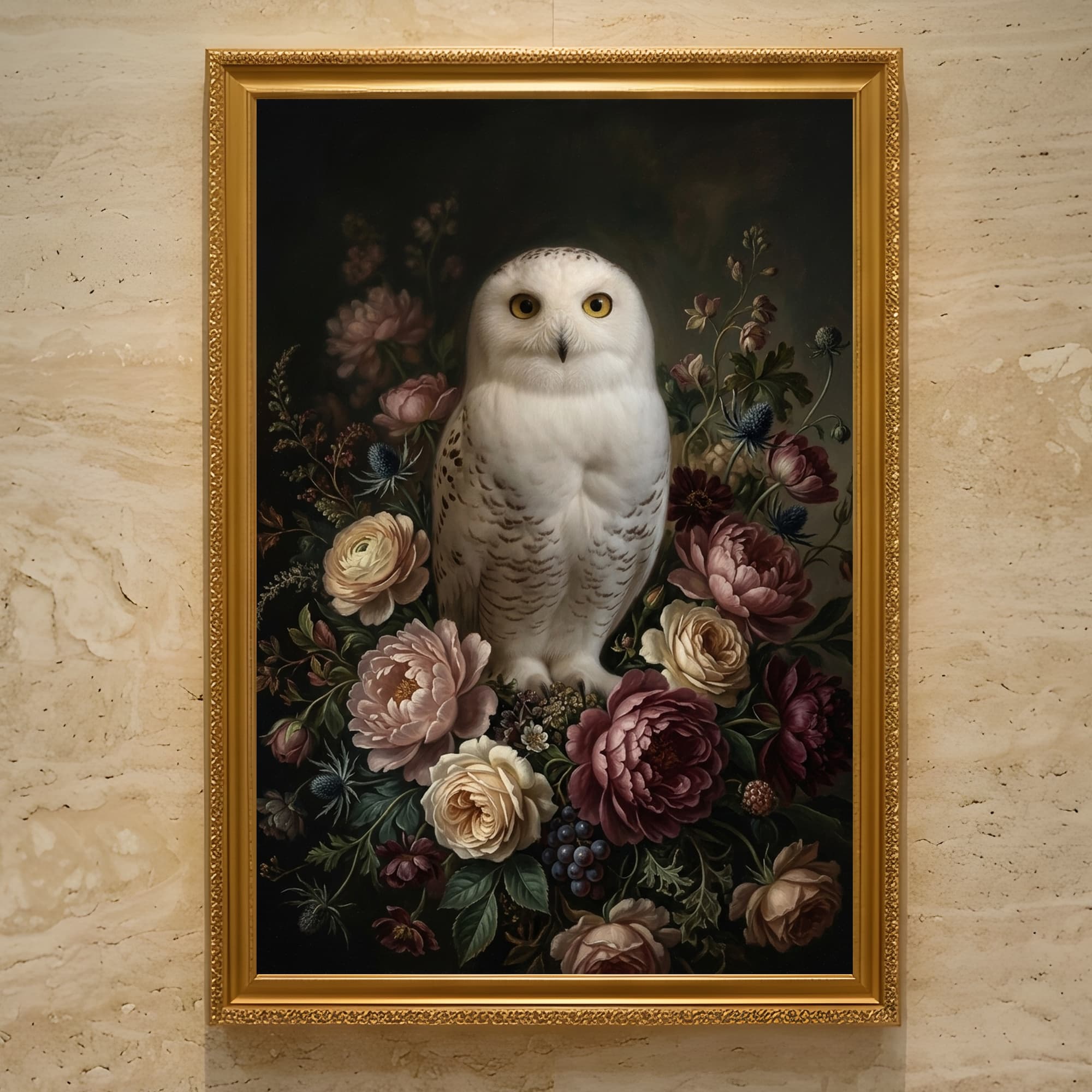 シロフクロウの花の油絵風アート花柄額装プリント(A3サイズ)