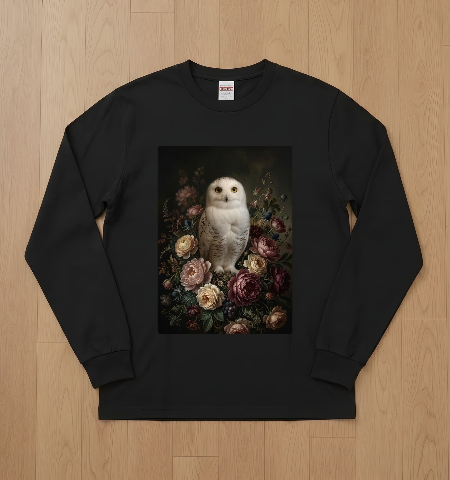 シロフクロウの花の油絵風アート花柄長袖Tシャツ(ブラック)