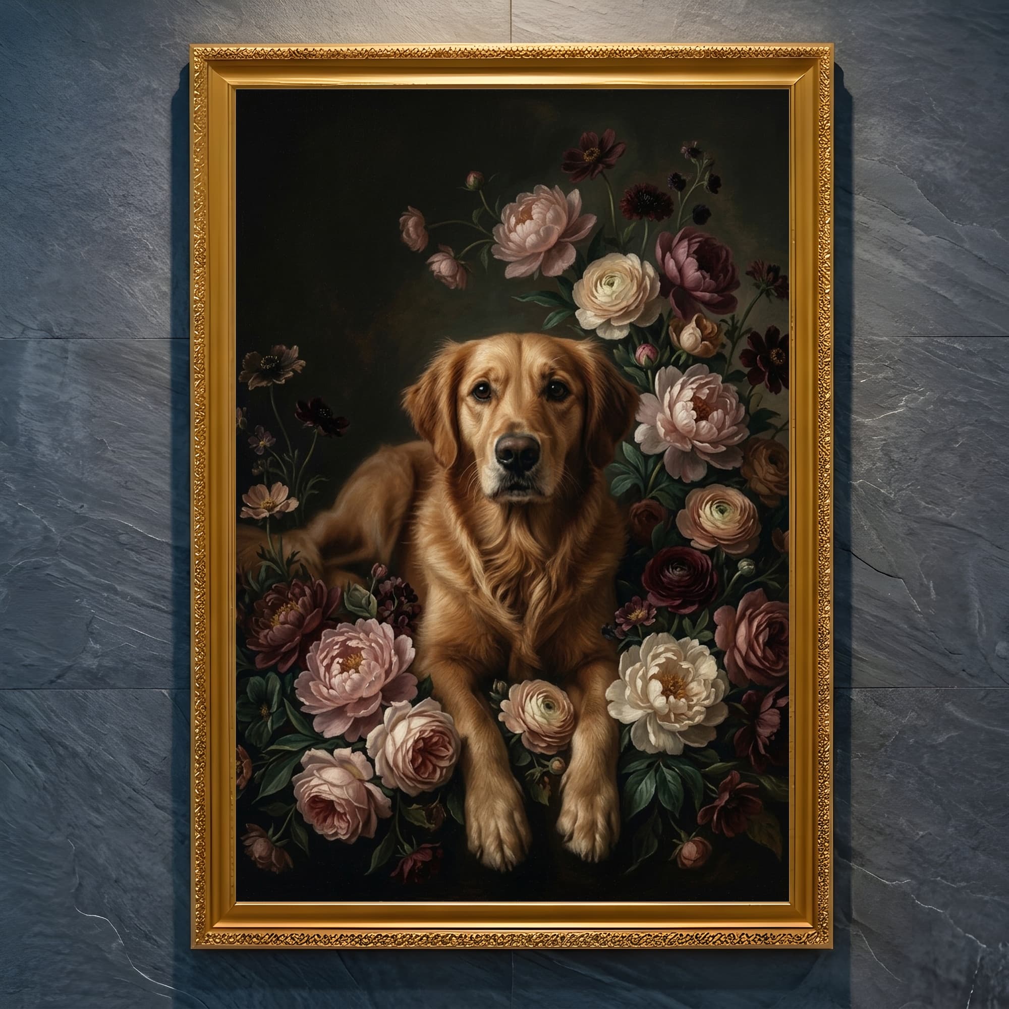 golden retriever Floral Oil-Painting Floral Framed Art Print (A4 Gold)