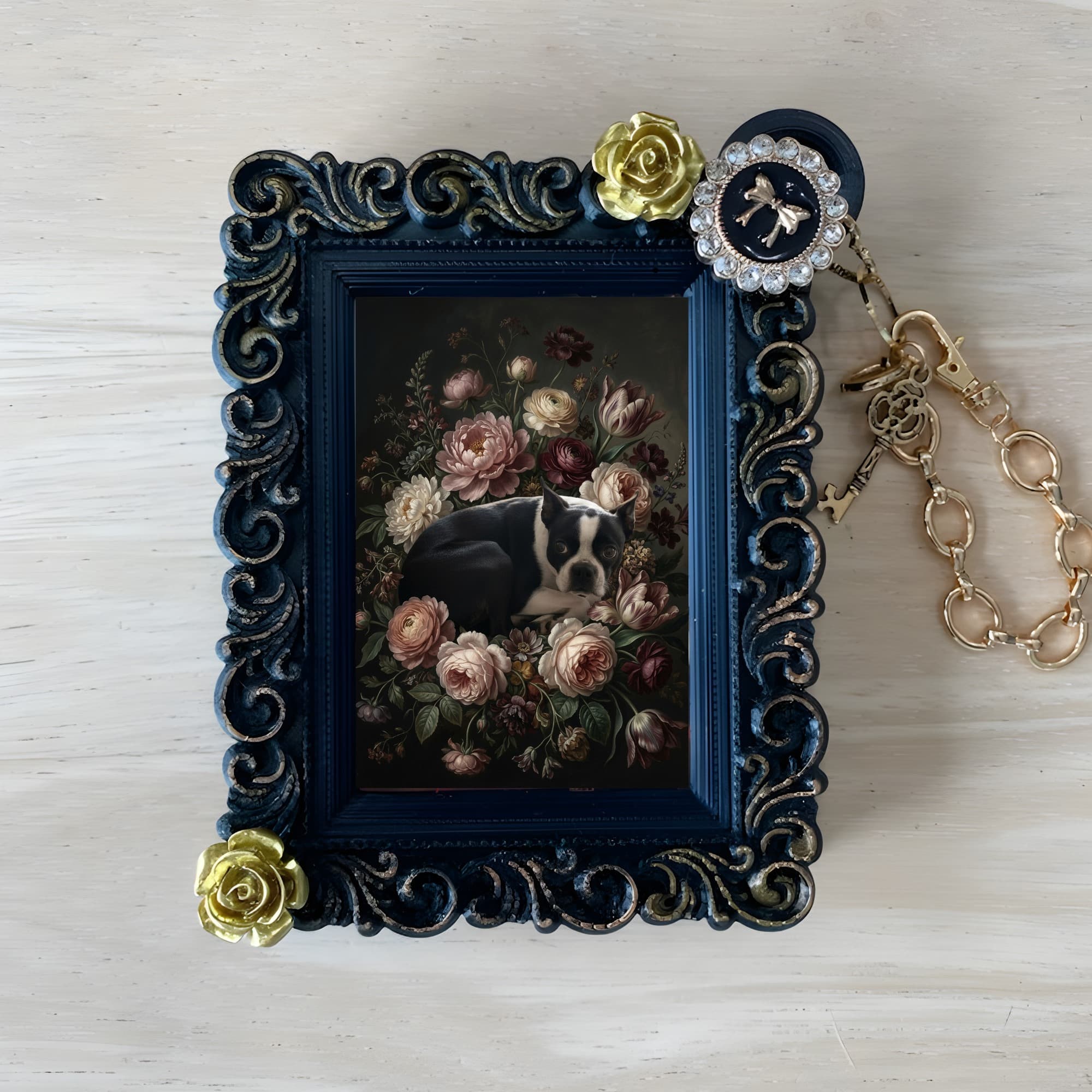 Boston terrier Floral Oil-Painting Floral Bag Charm (Black)