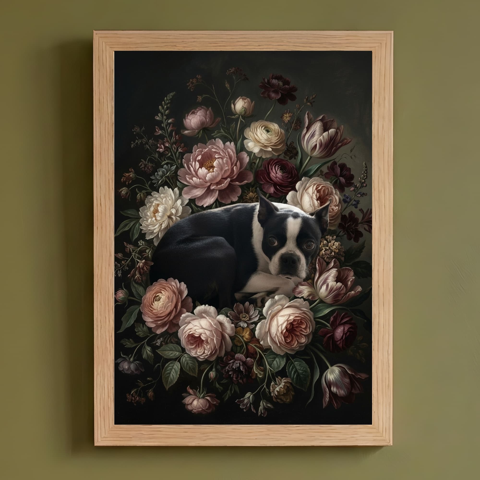 ボストンテリアの花の油絵風アート花柄額装プリント(A3サイズ)