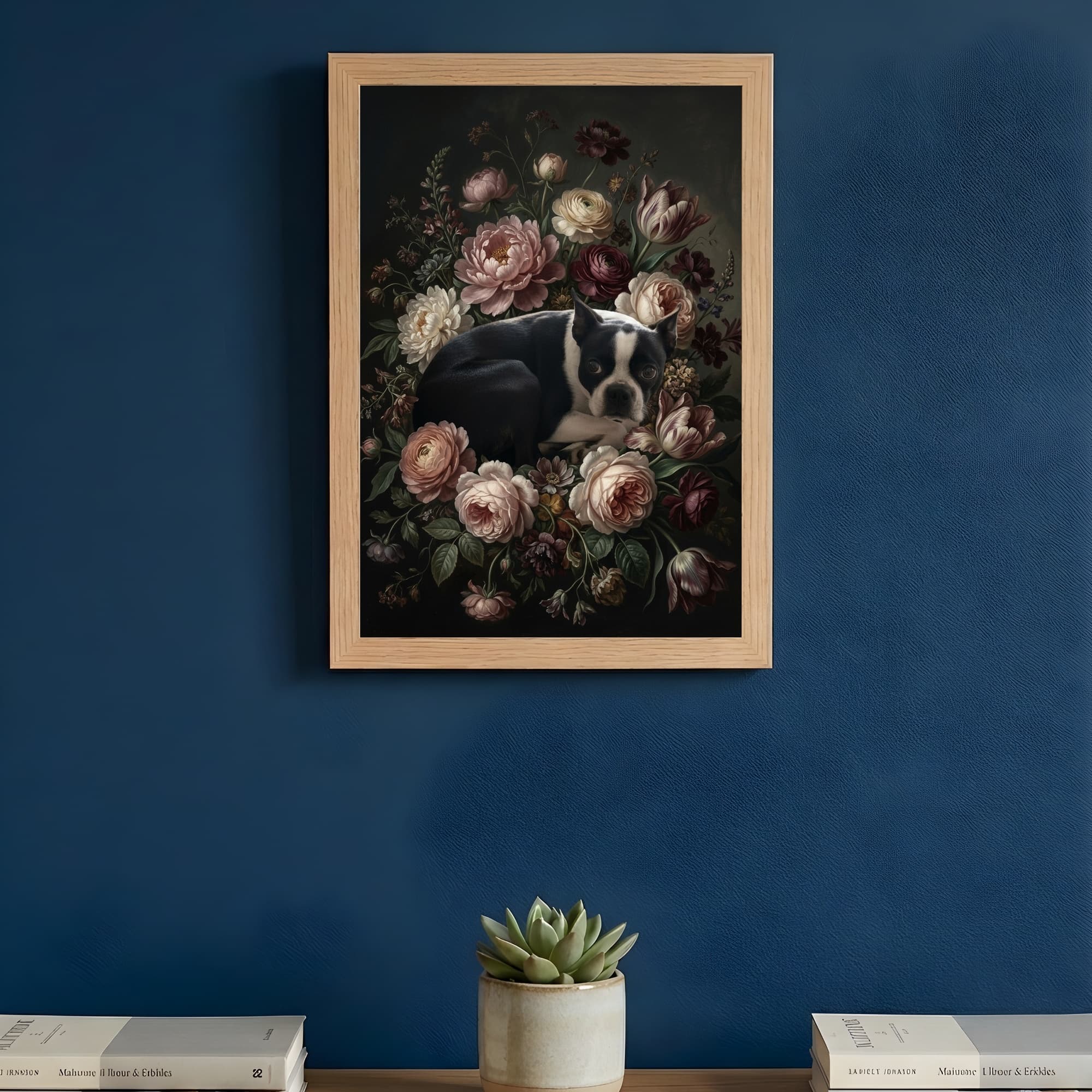 ボストンテリアの花の油絵風アート花柄額装プリント(A3サイズ) 3