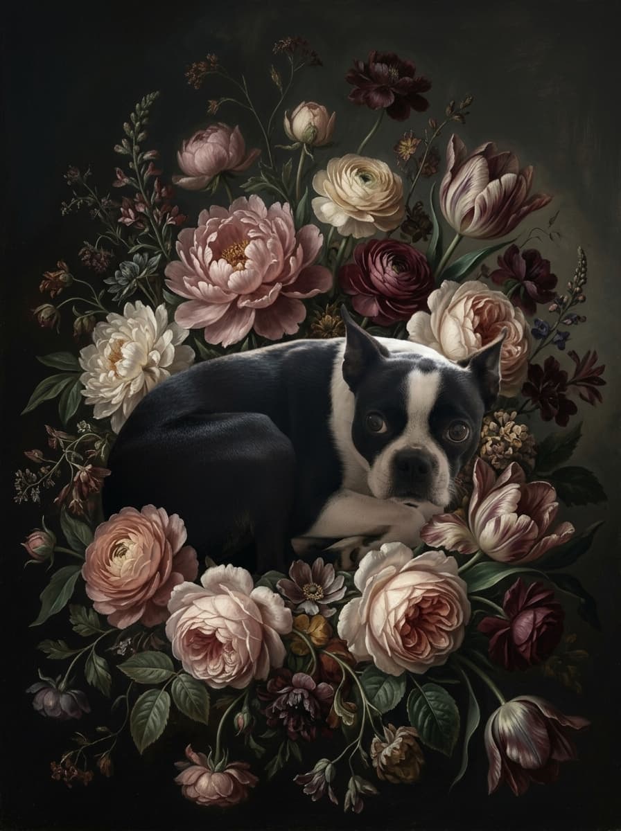 ボストンテリアの花の油絵風アート花柄額装プリント(A3サイズ) 4