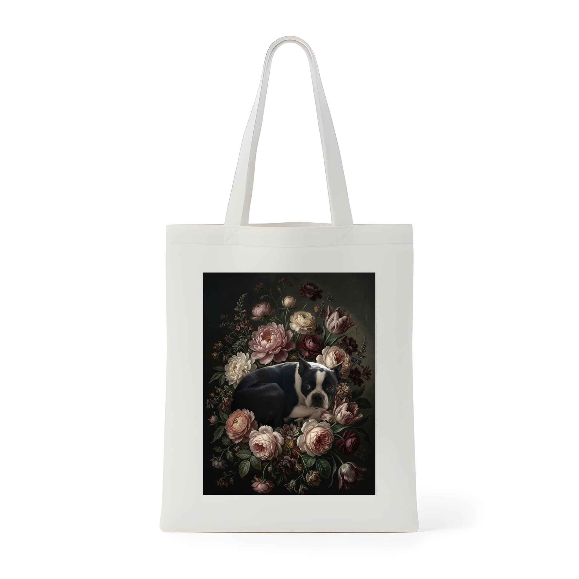 ボストンテリアの花の油絵風アート花柄トートバッグ