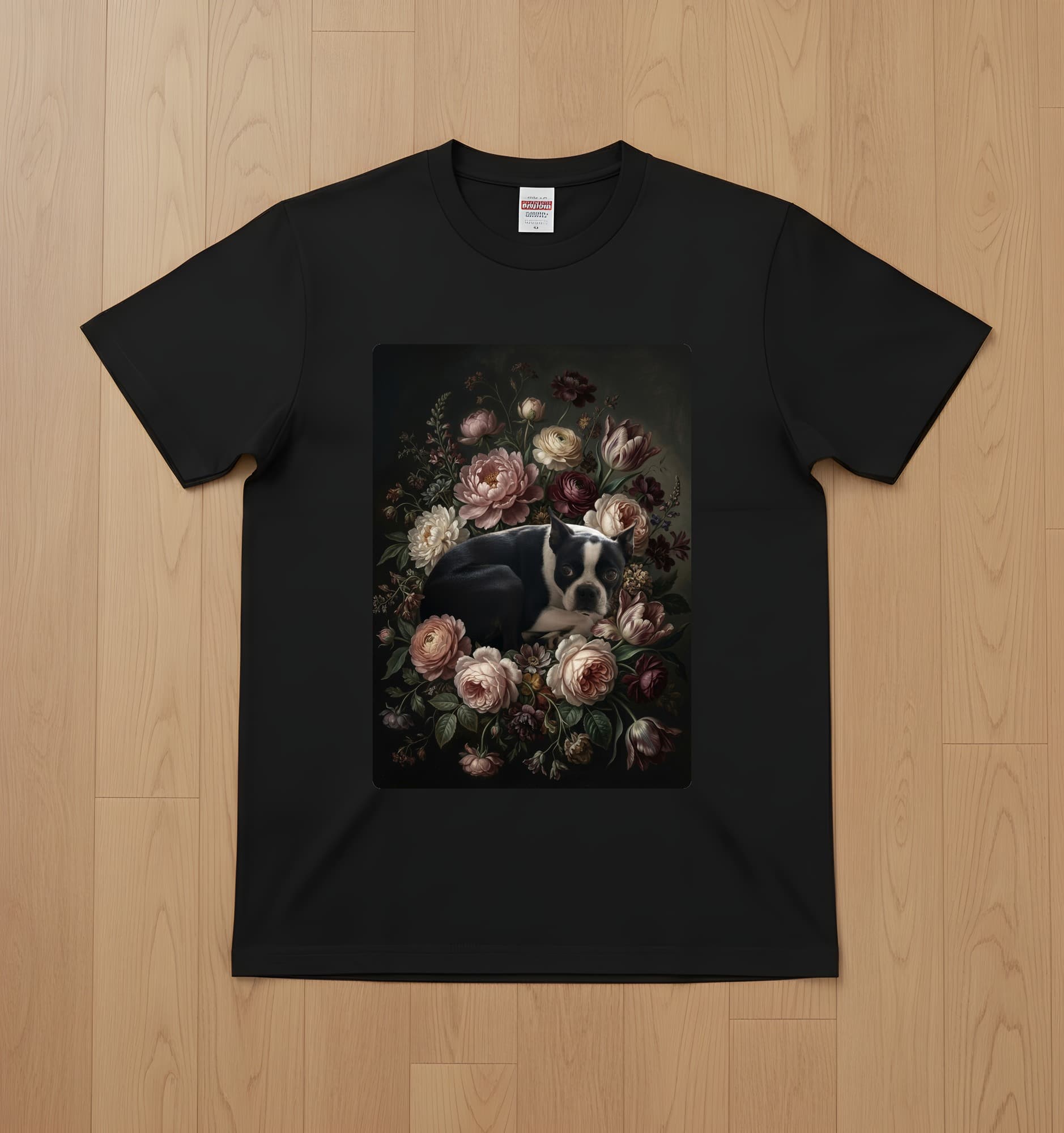 ボストンテリアの花の油絵風アート花柄Tシャツ(ブラック)