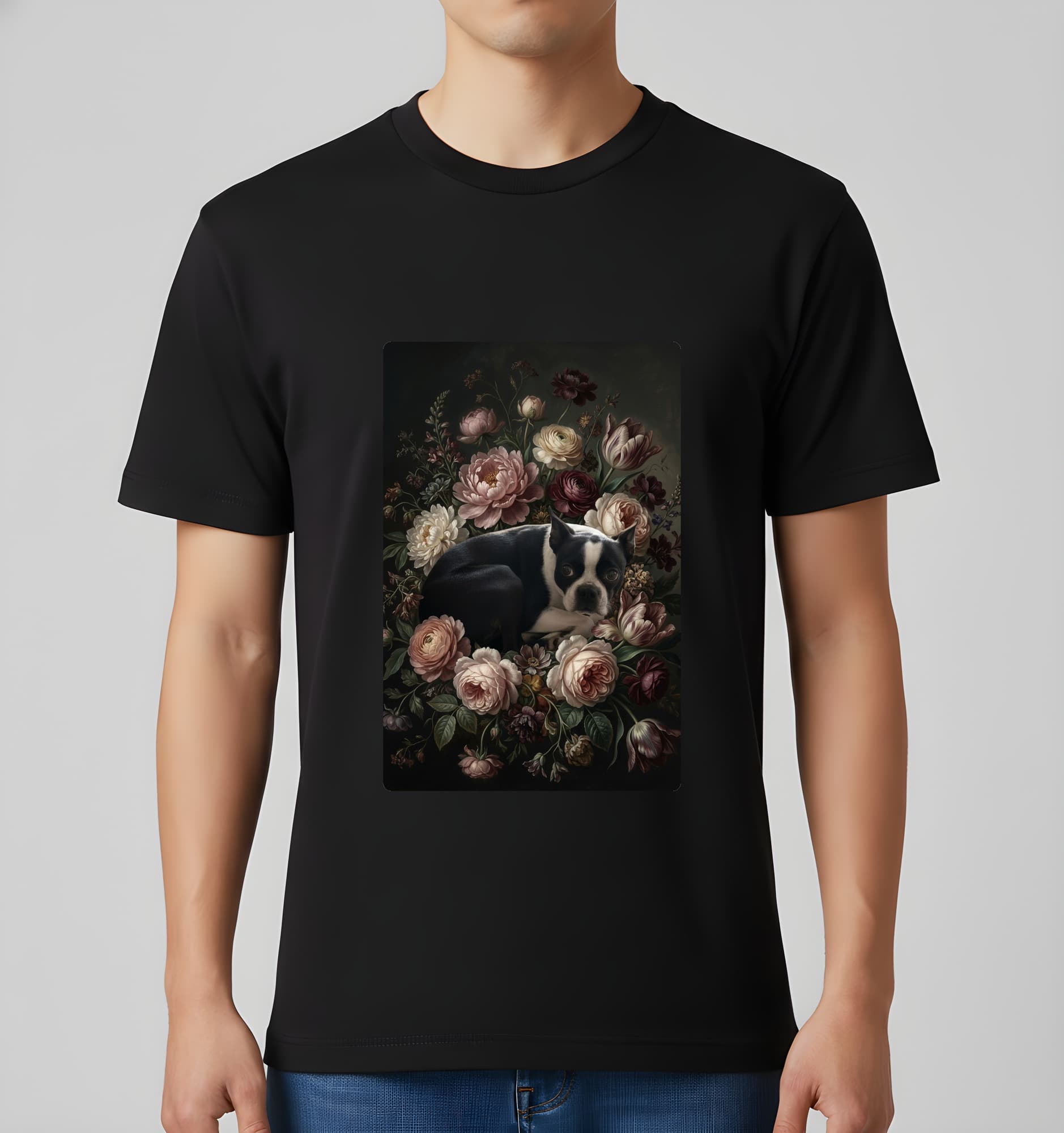 ボストンテリアの花の油絵風アート花柄Tシャツ(ブラック) 3