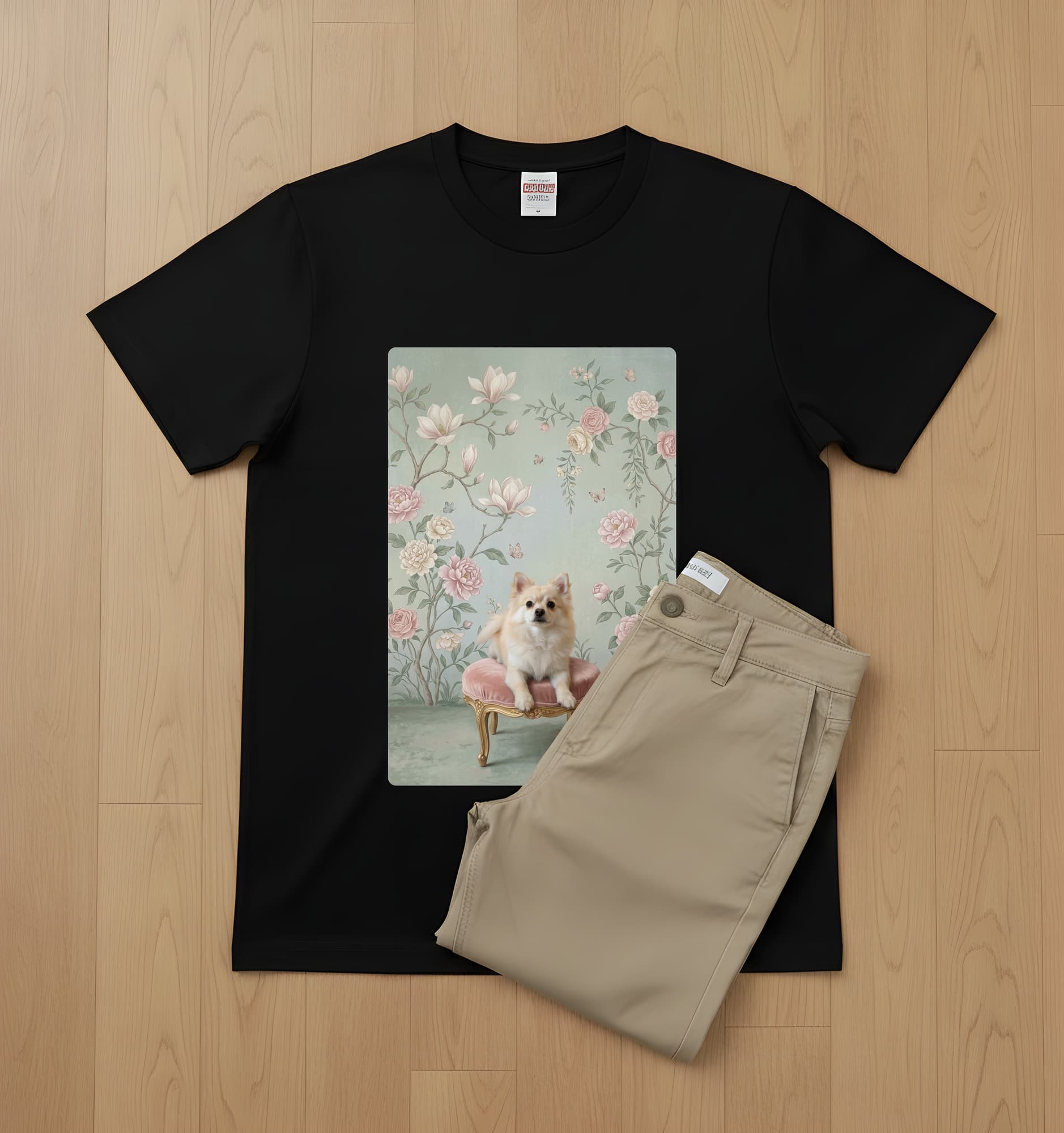 ポメラニアンのシャビーピンクの油絵風アートロココ調Tシャツ(ブラック) 2