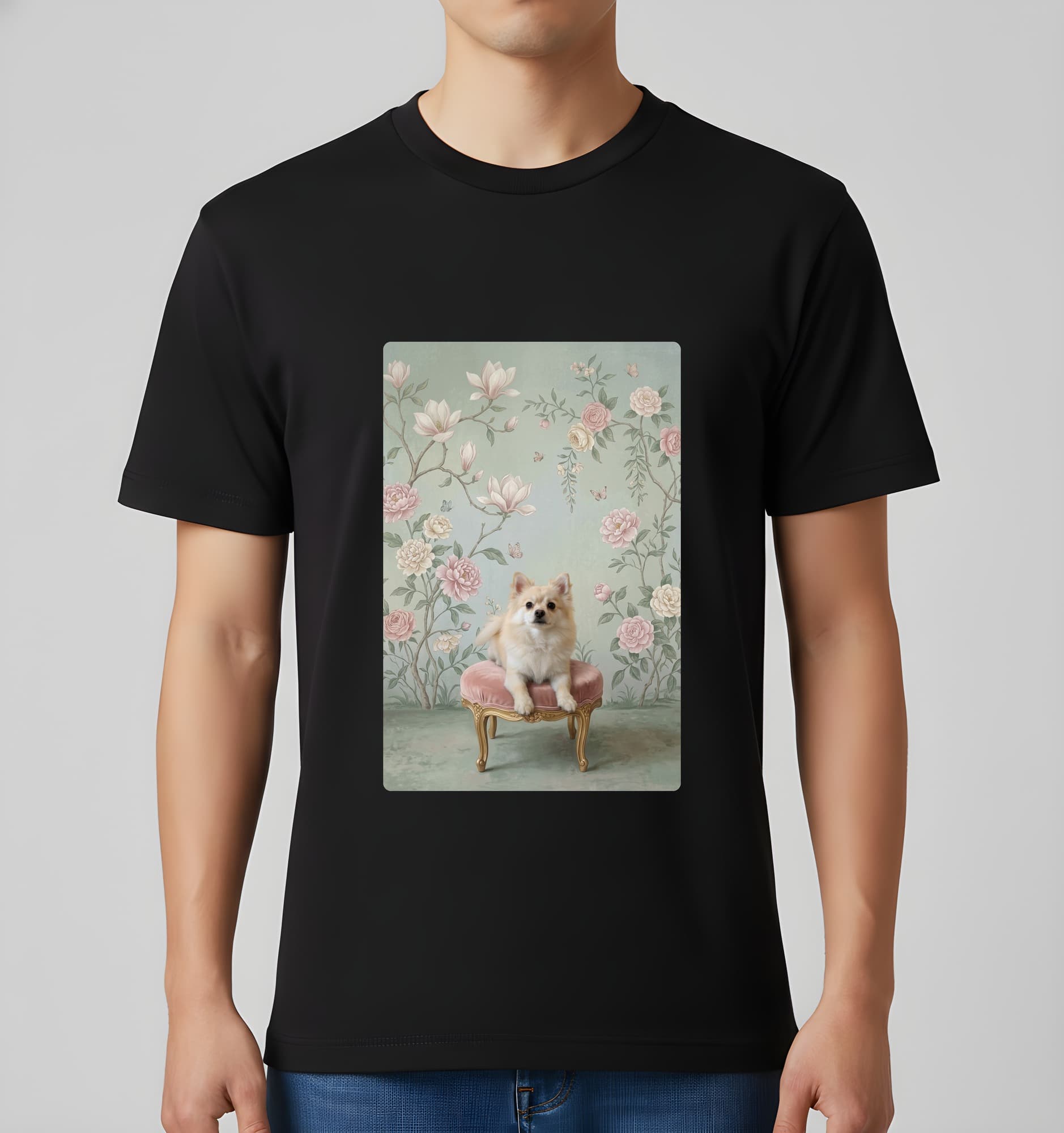 ポメラニアンのシャビーピンクの油絵風アートロココ調Tシャツ(ブラック) 3
