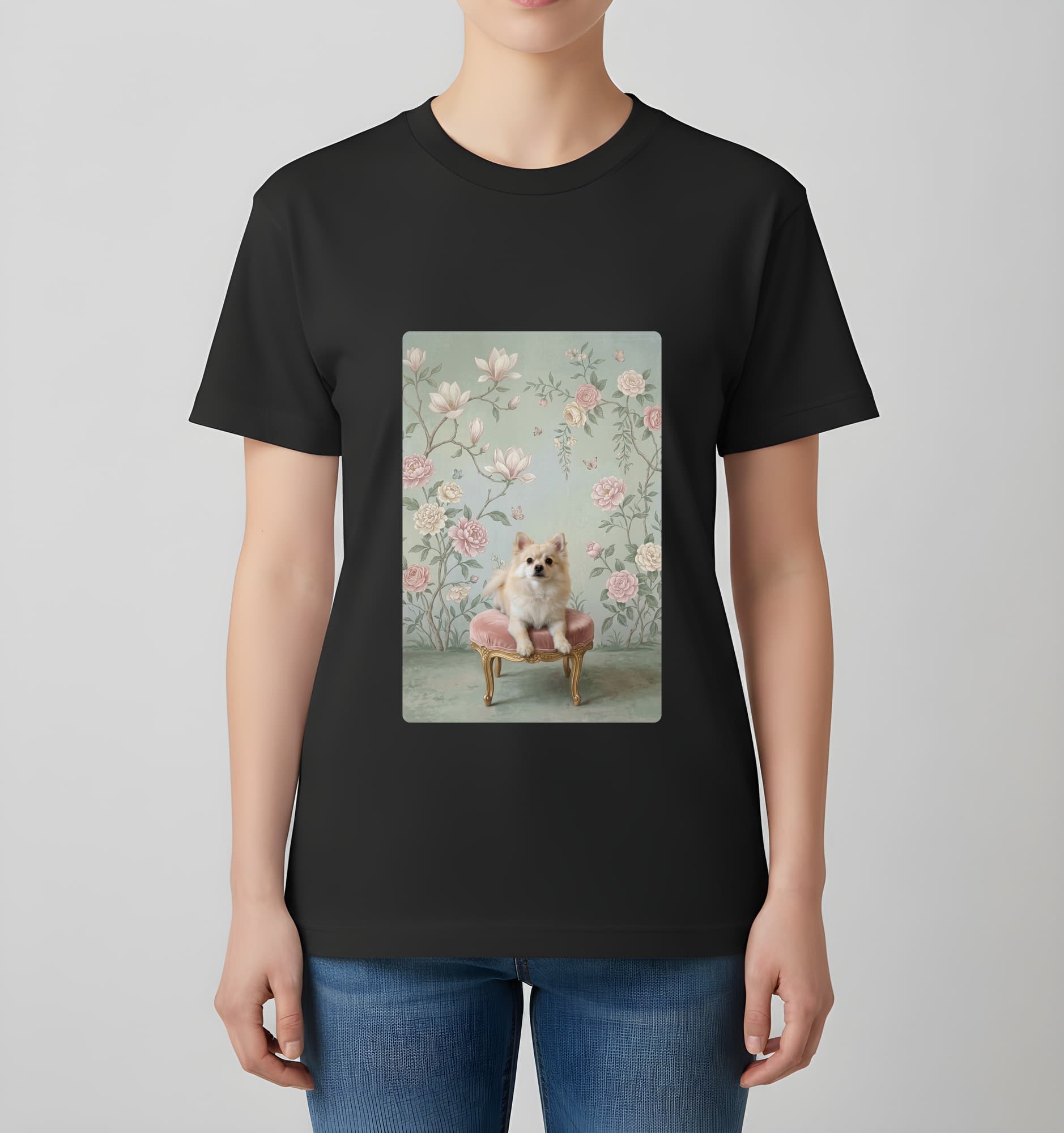 ポメラニアンのシャビーピンクの油絵風アートロココ調Tシャツ(ブラック) 4