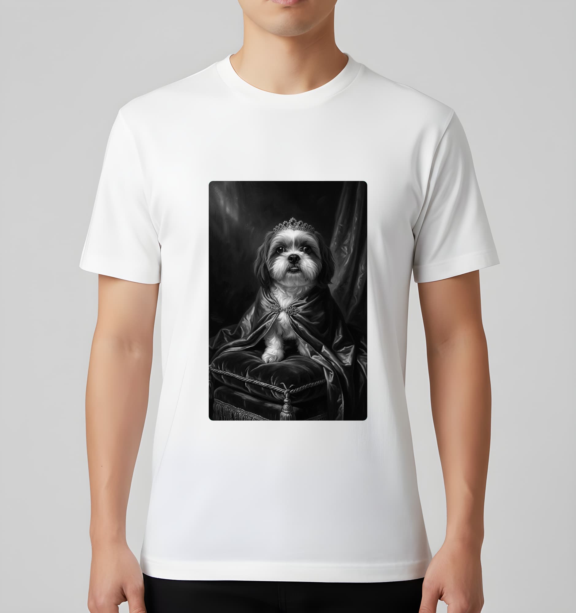 Shih Tzu Renaissance Portrait T-Shirt (White, Monochrome Print, No Frame) 3