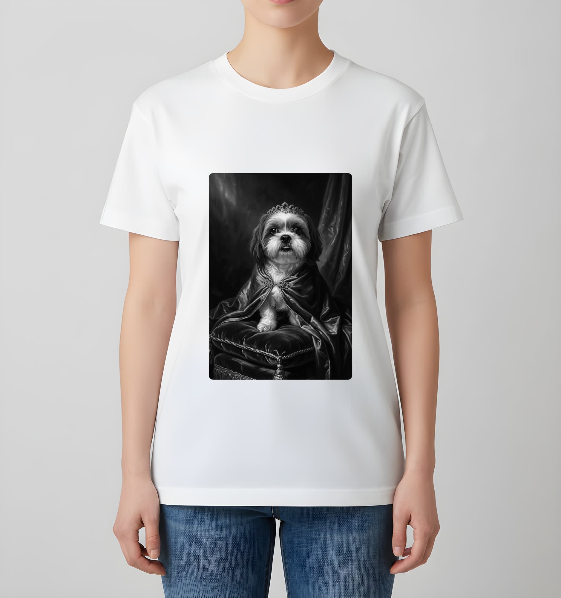 Shih Tzu Renaissance Portrait T-Shirt (White, Monochrome Print, No Frame) 4