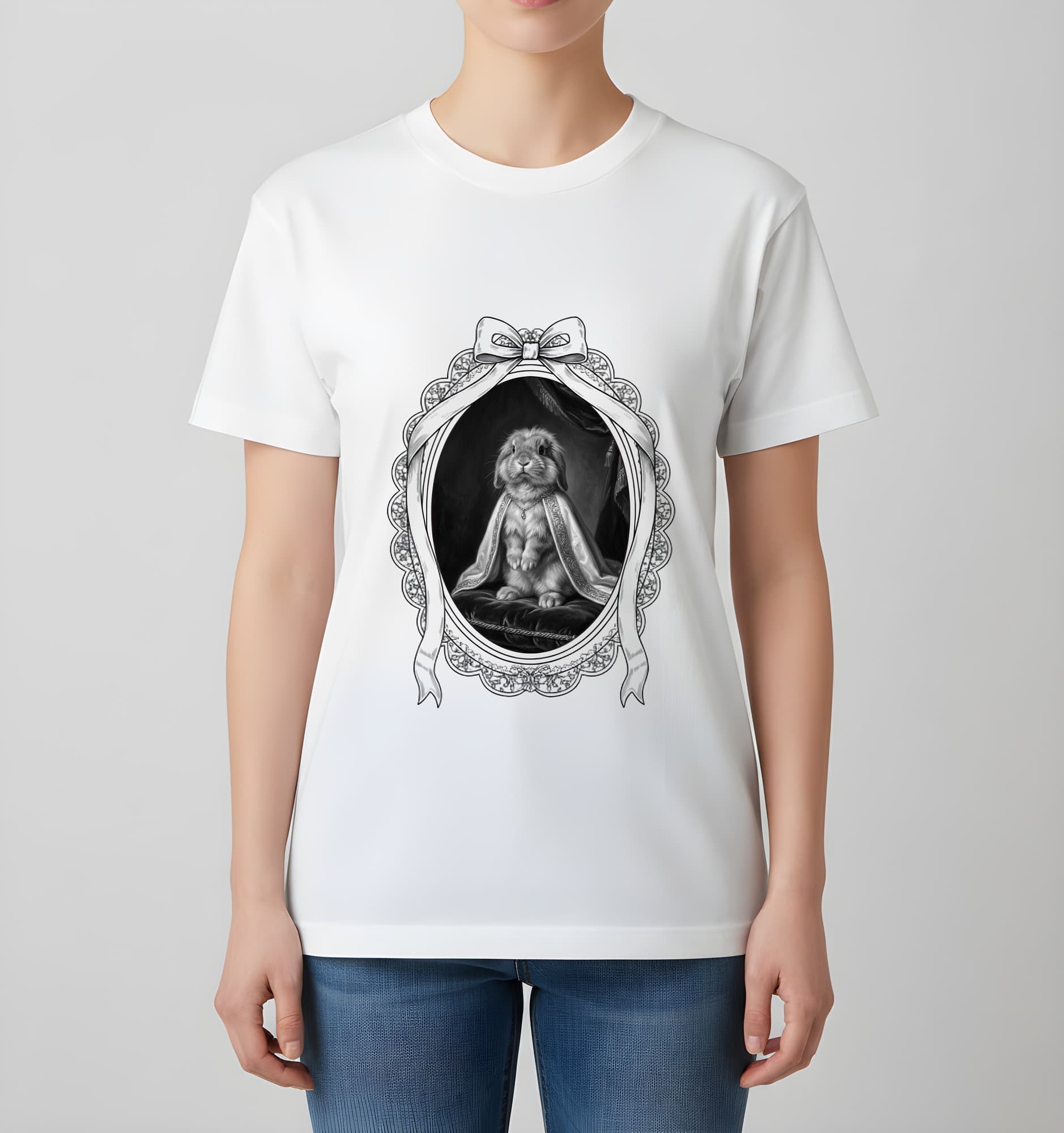 ライオンヘッドのルネサンス肖像画Tシャツ(ホワイト・モノクロプリント・額縁デザインあり) 4