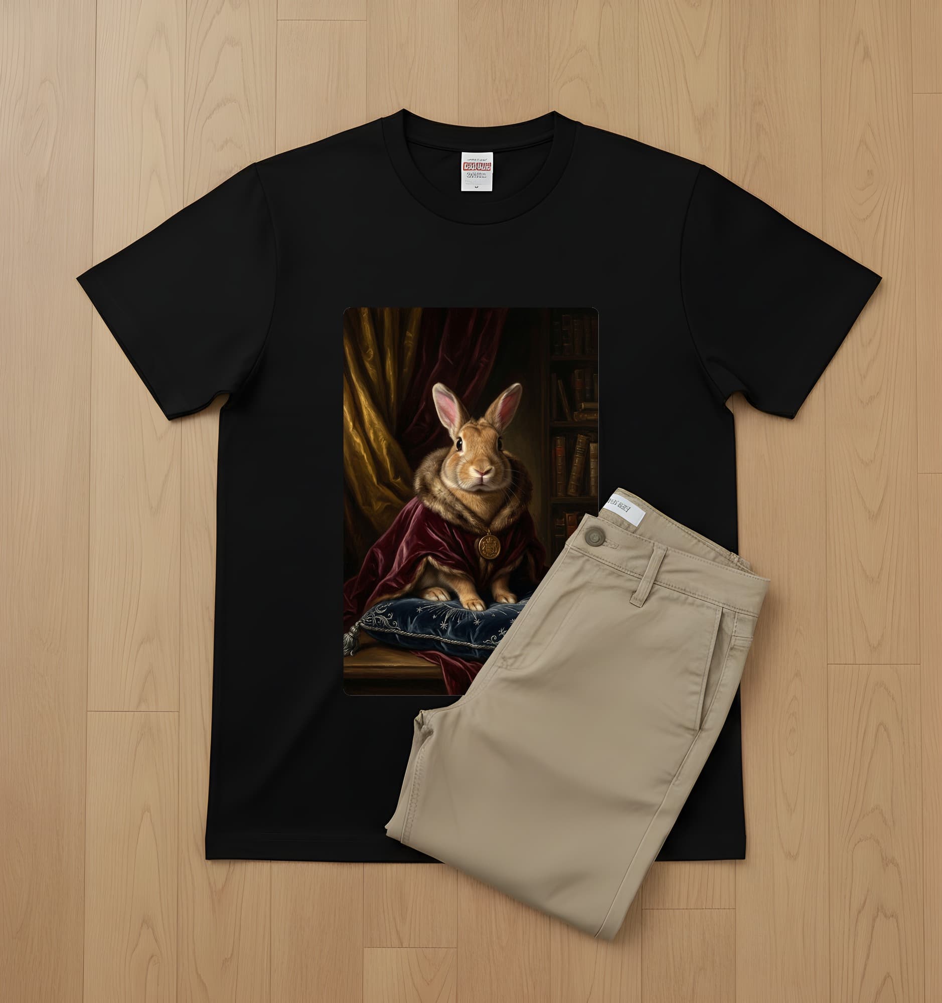 タンのルネサンス肖像画Tシャツ(ブラック・カラープリント・額縁なし) 2