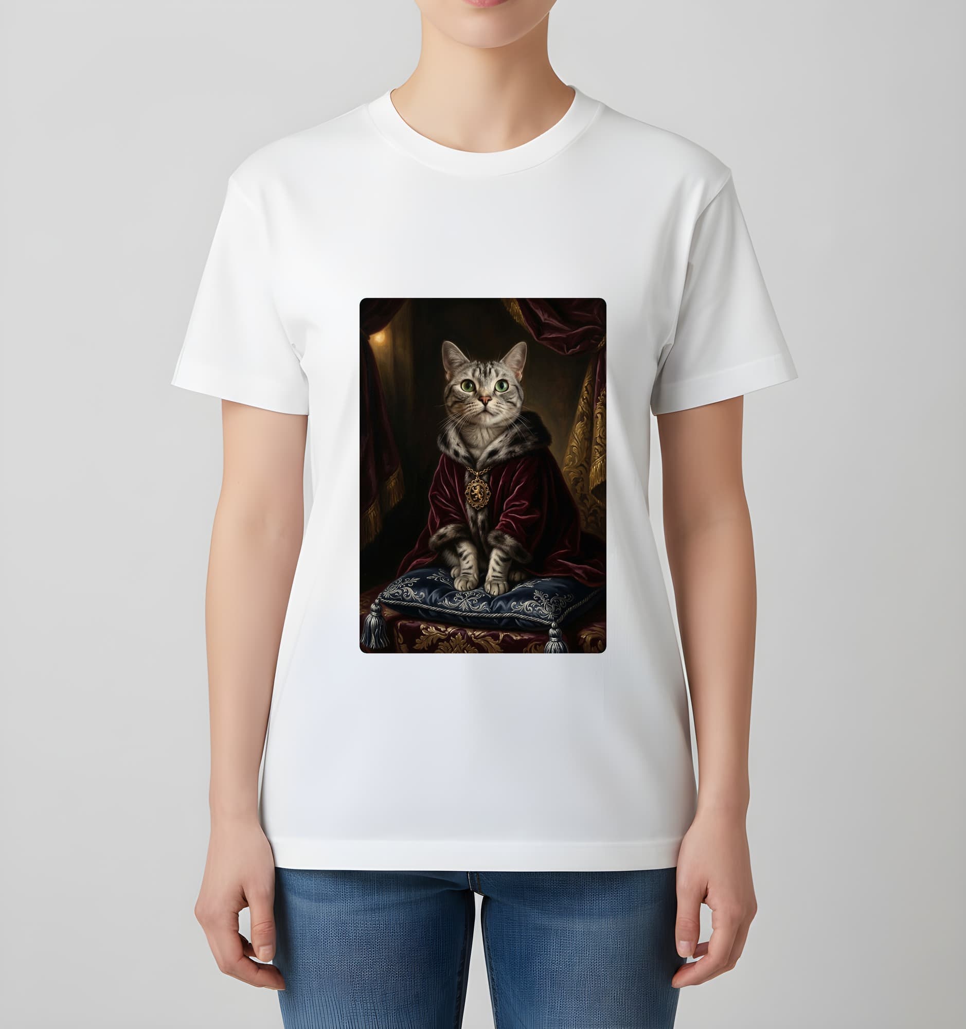 American Shorthair Renaissance Portrait T-Shirt (White, Color Print, No Frame) 4