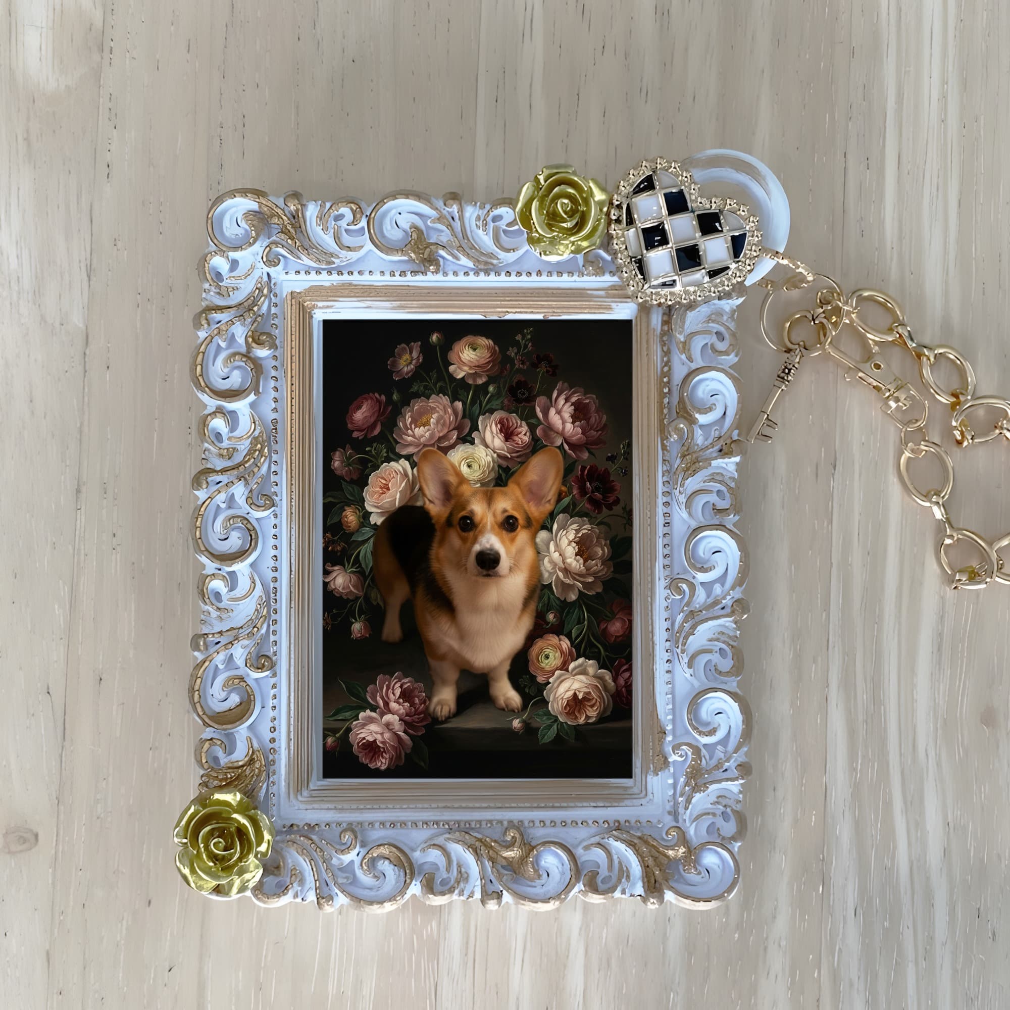 Pembroke Welsh corgi Floral Oil-Painting Floral Bag Charm (White)