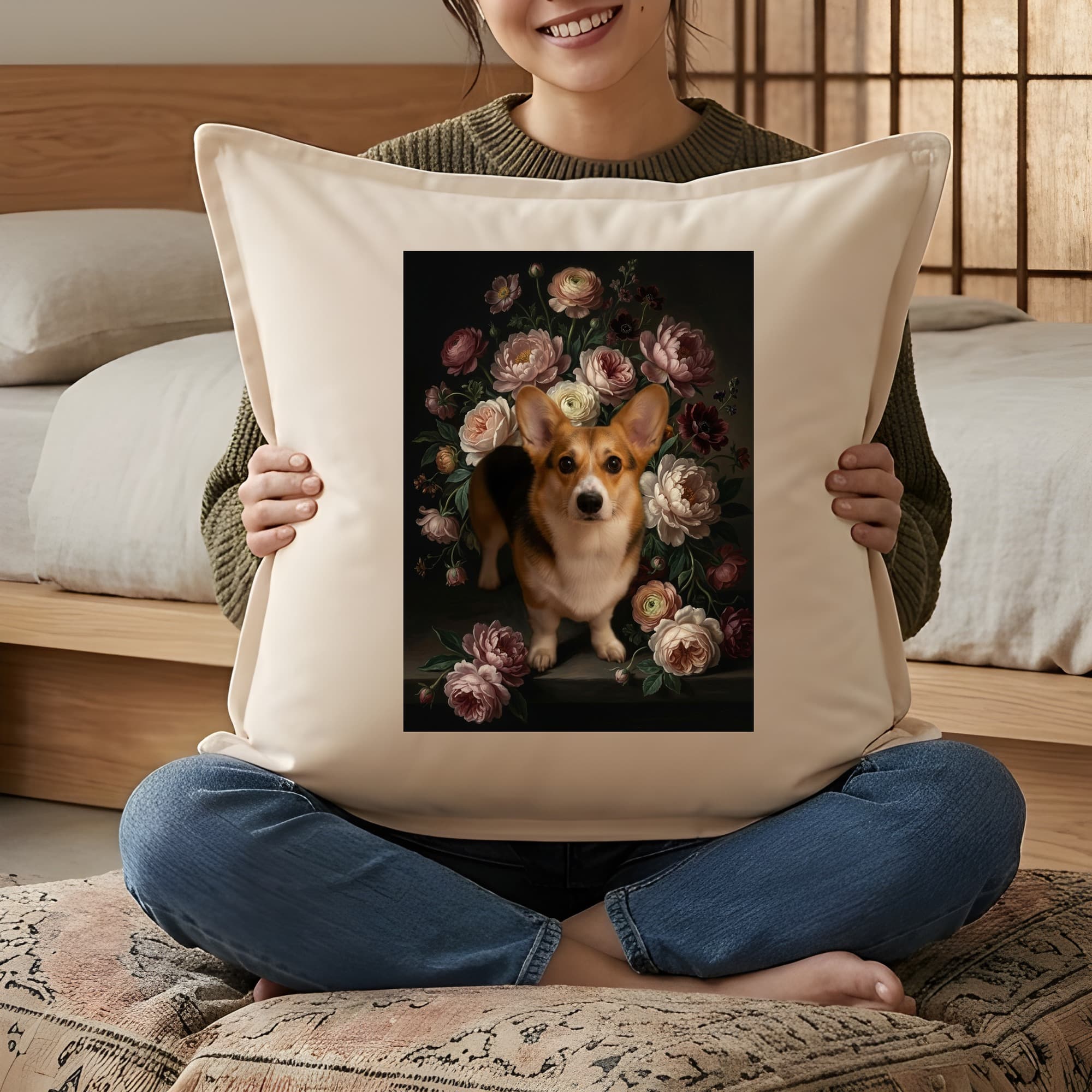 コーギーの花の油絵風アート花柄クッション 3