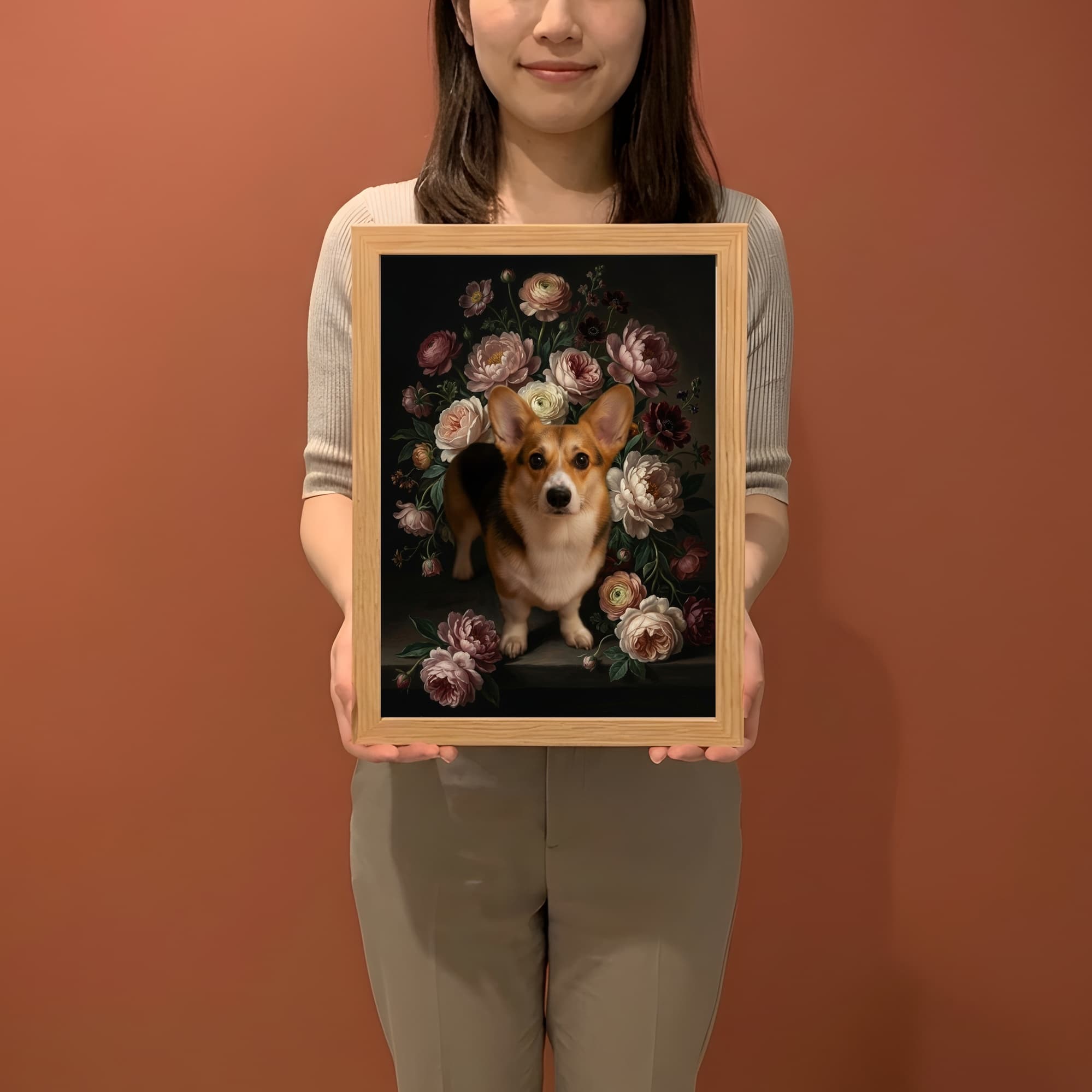 コーギーの花の油絵風アート花柄額装プリント(A4サイズ) 2