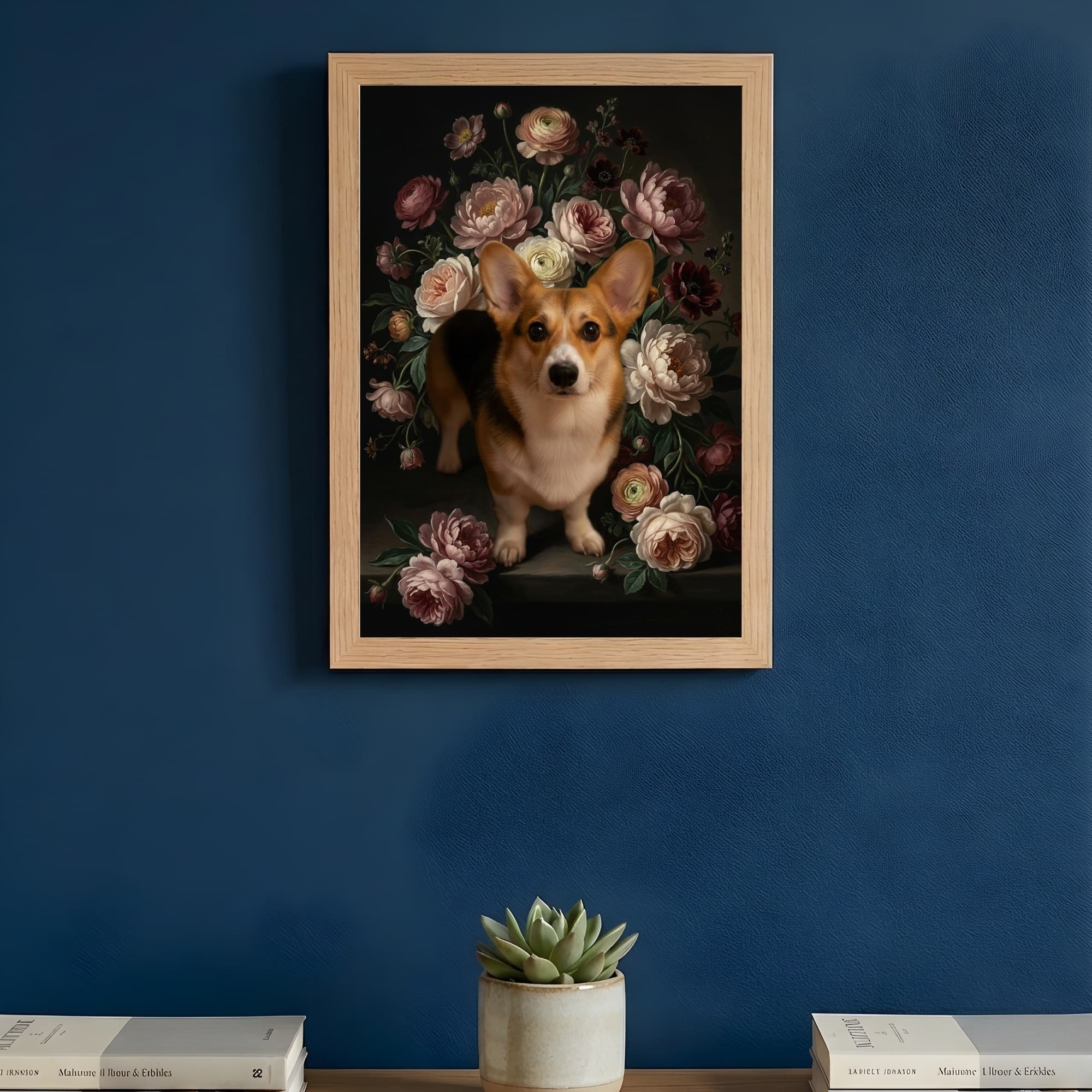 コーギーの花の油絵風アート花柄額装プリント(A4サイズ) 3
