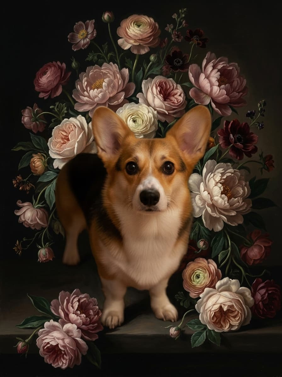 コーギーの花の油絵風アート花柄額装プリント(A4サイズ) 4