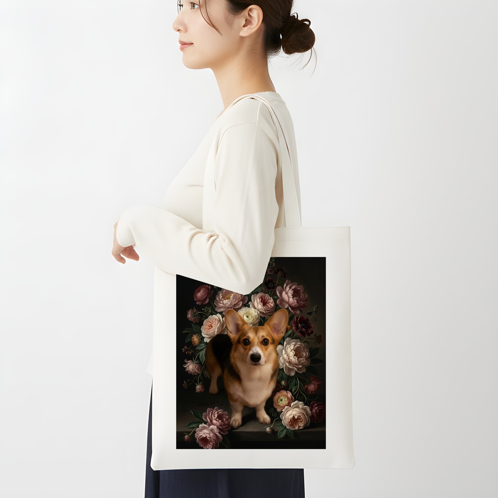 コーギーの花の油絵風アート花柄トートバッグ 2