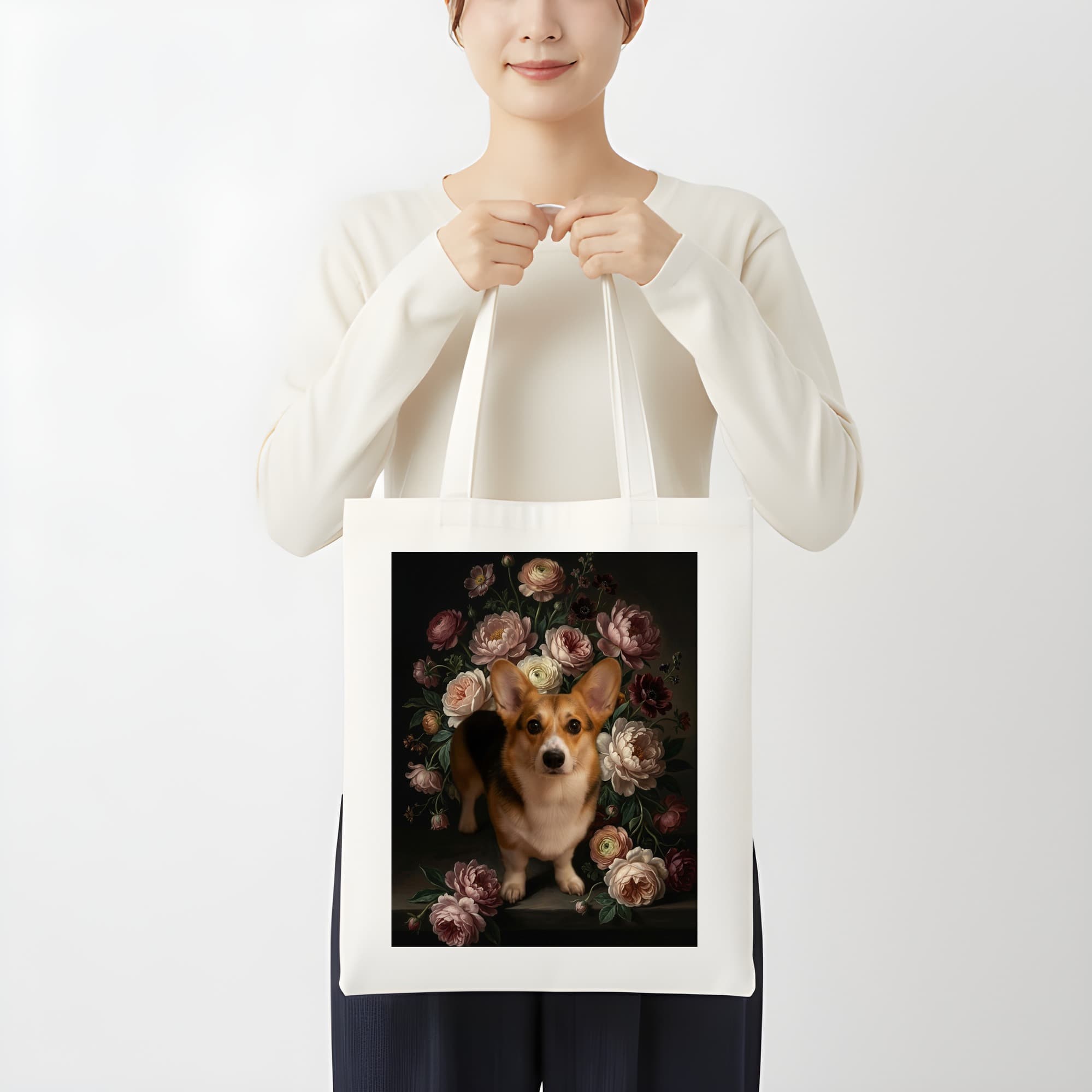 コーギーの花の油絵風アート花柄トートバッグ 3