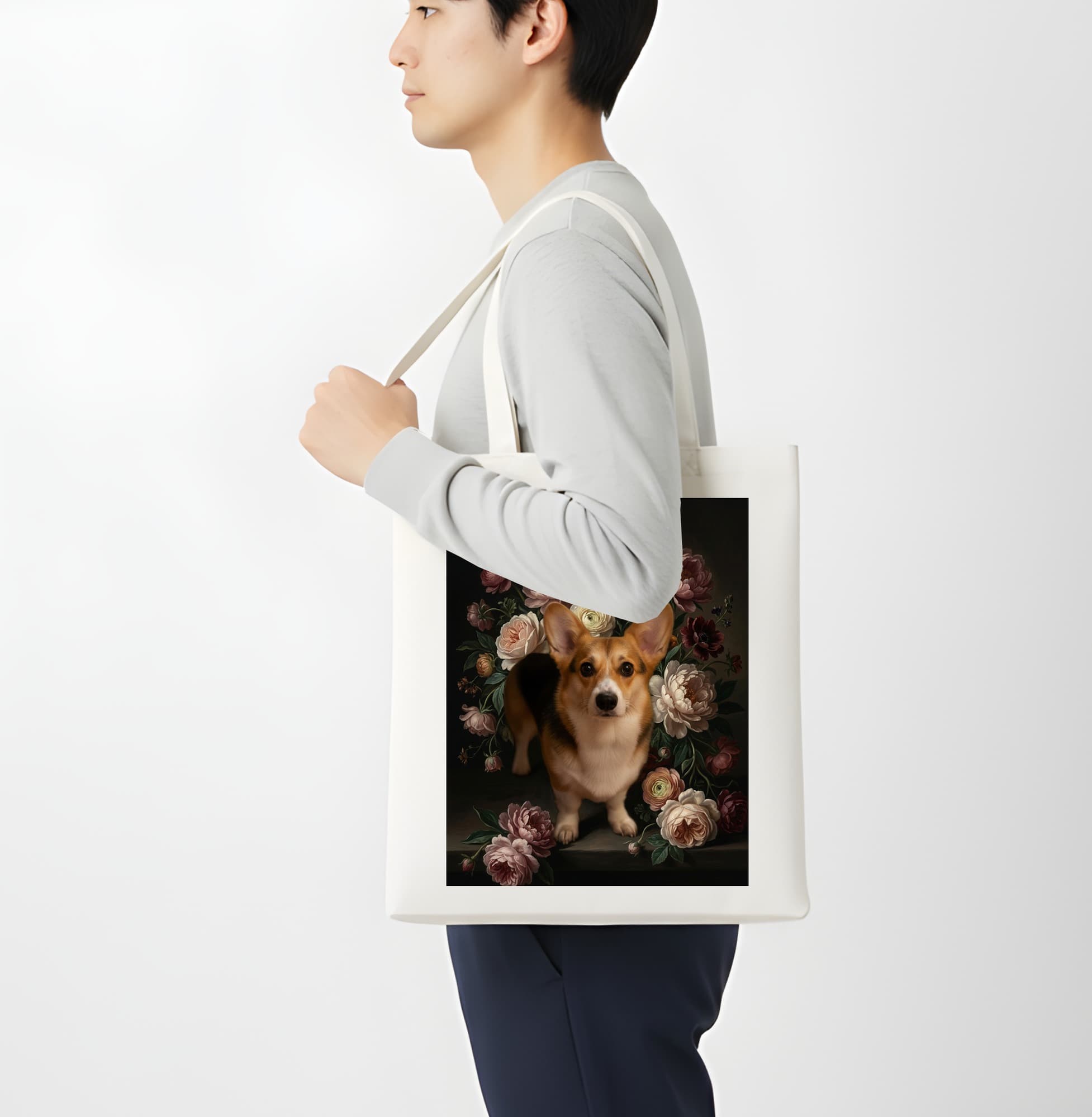 コーギーの花の油絵風アート花柄トートバッグ 4