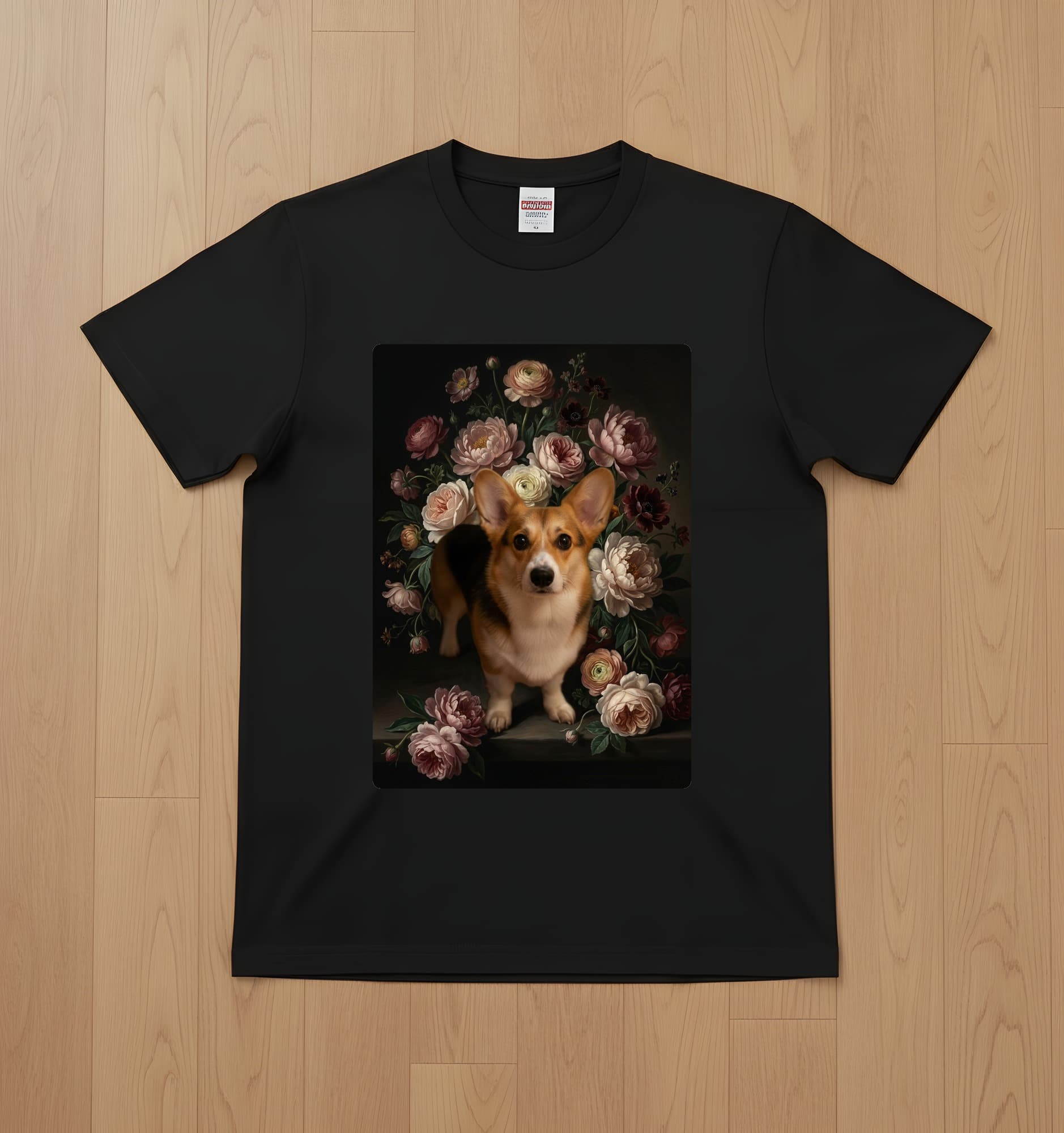 コーギーの花の油絵風アート花柄Tシャツ(ブラック)