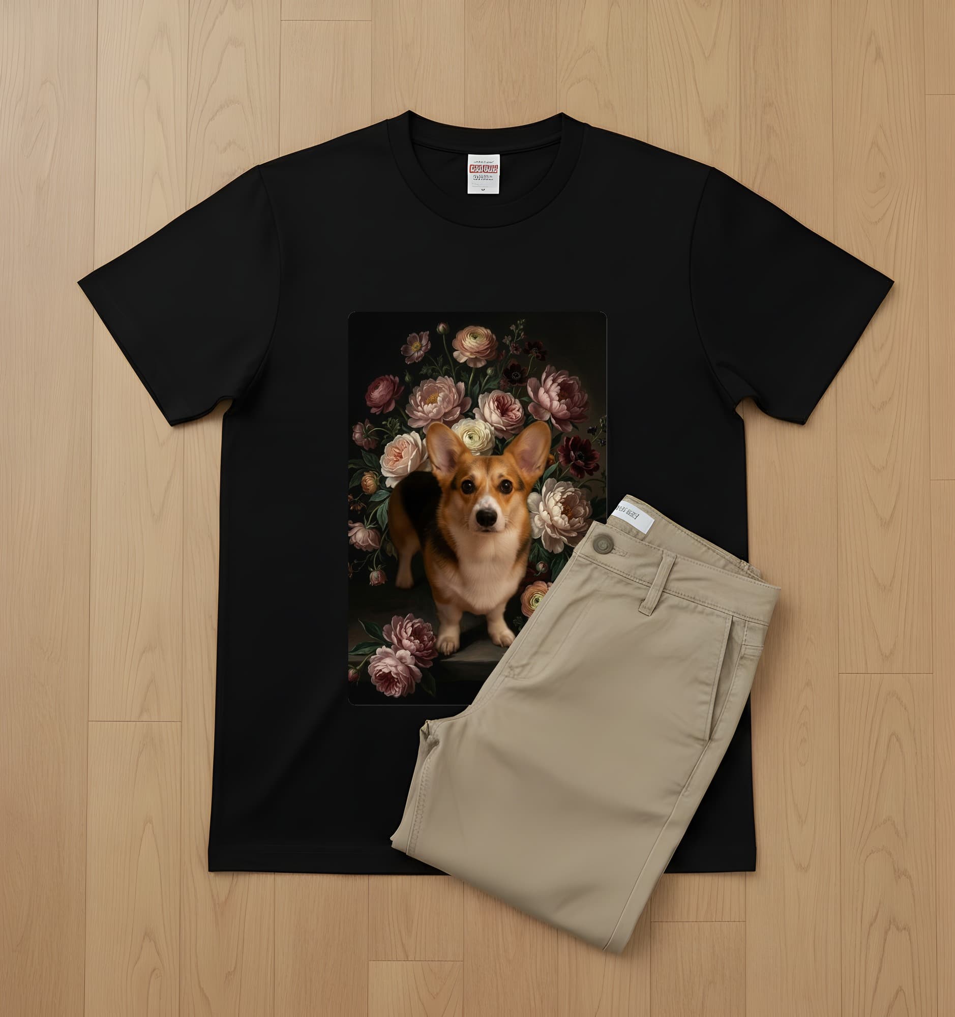 コーギーの花の油絵風アート花柄Tシャツ(ブラック) 2