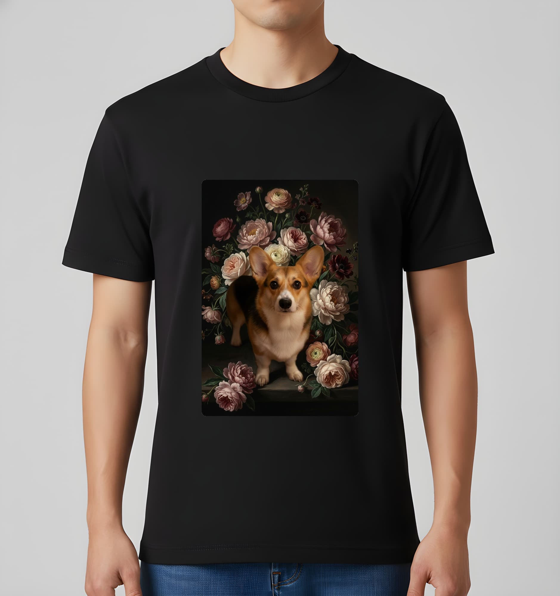 コーギーの花の油絵風アート花柄Tシャツ(ブラック) 3