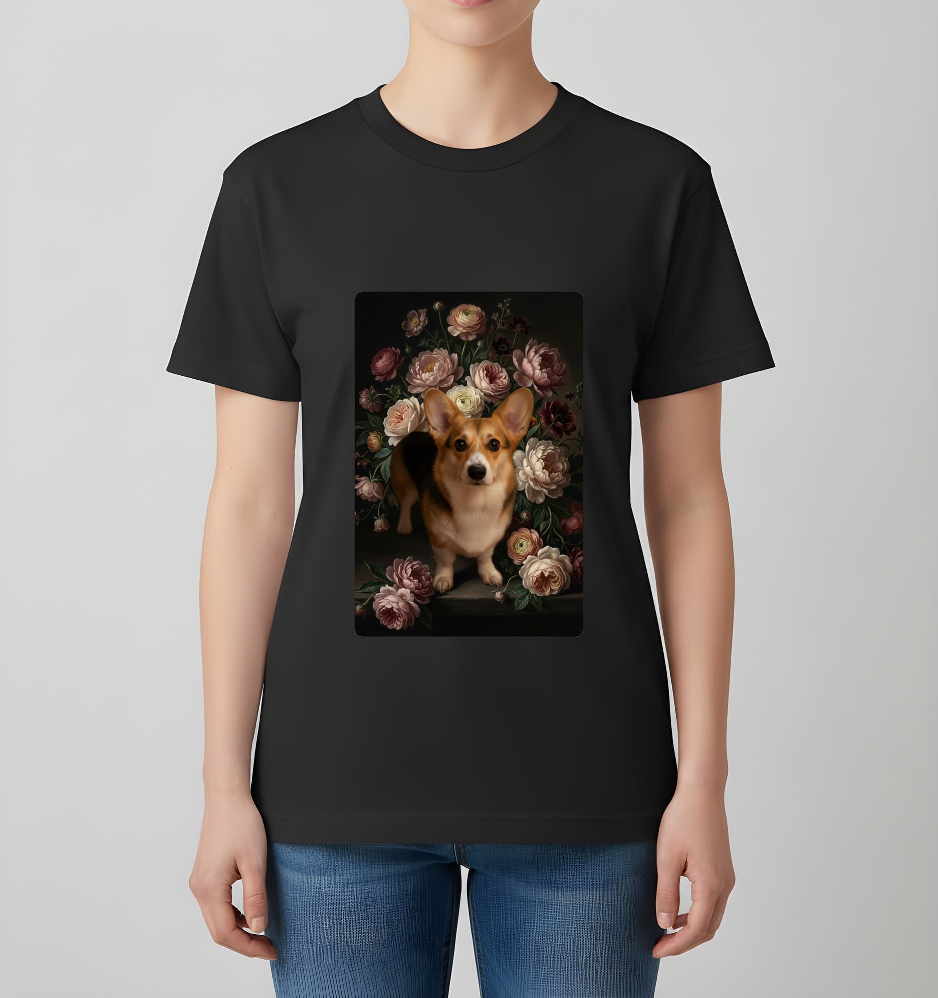 コーギーの花の油絵風アート花柄Tシャツ(ブラック) 4