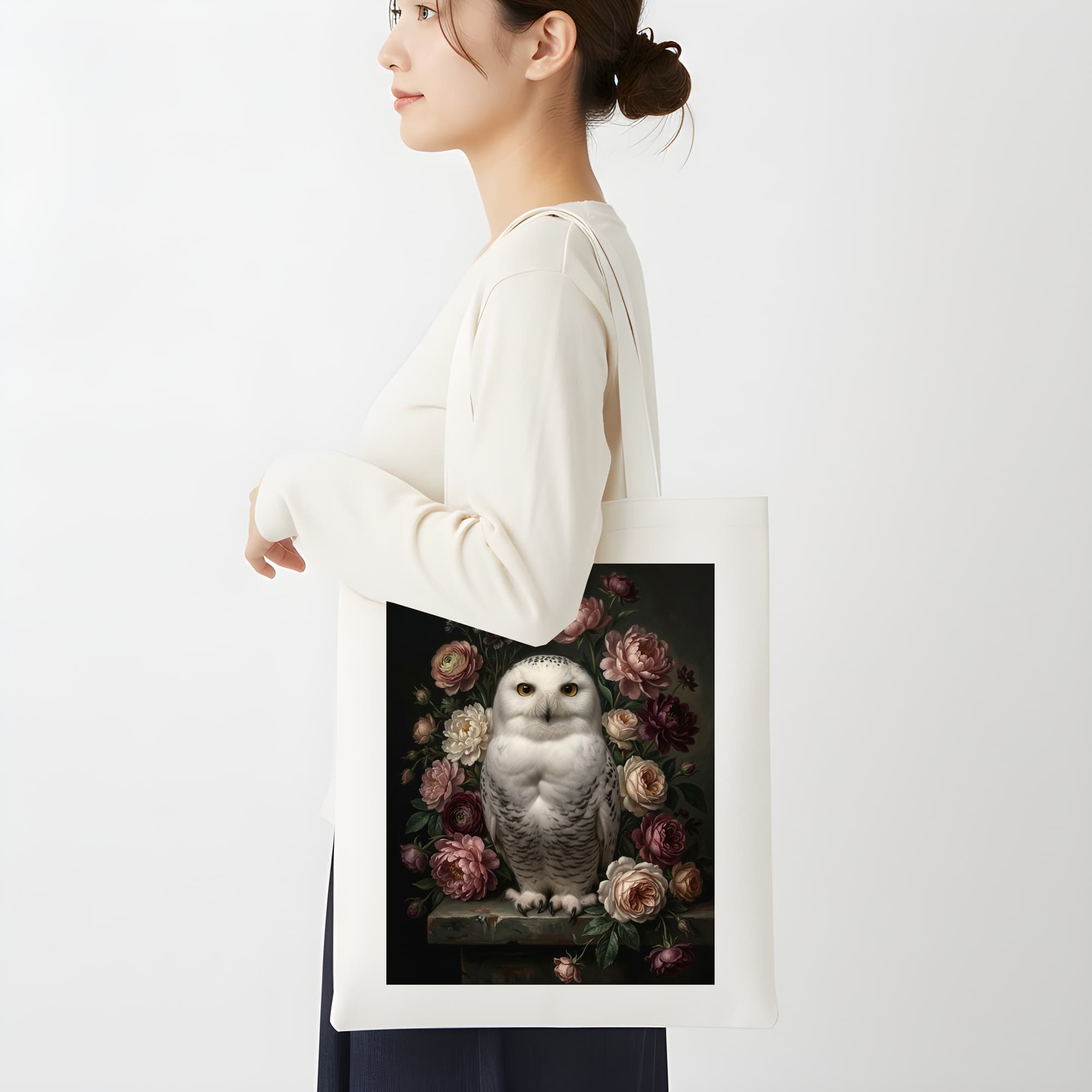 シロフクロウの花の油絵風アート花柄トートバッグ 2