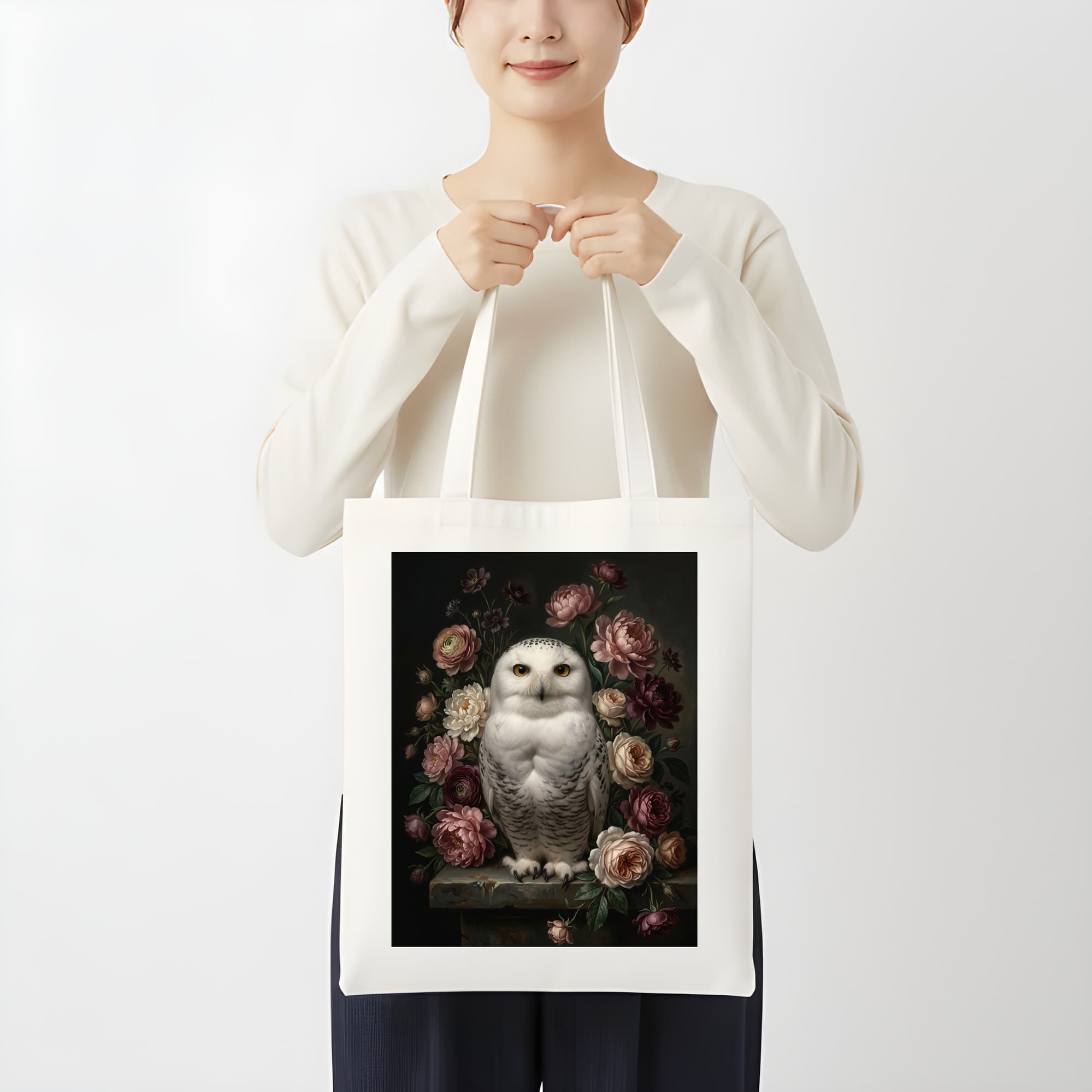 シロフクロウの花の油絵風アート花柄トートバッグ 3